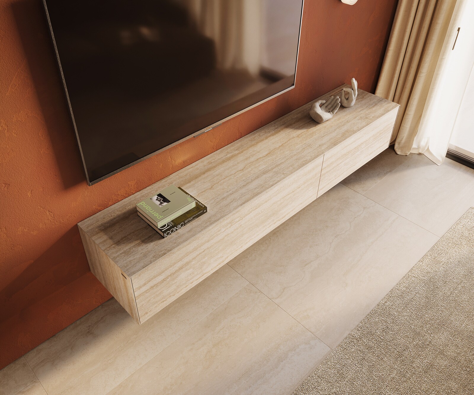 Meuble-TV Cuor 220 cm Céramique Laminam® Travertino Bianco Crème-blanc 1 Clapet 2 Tiroirs Flottant 4