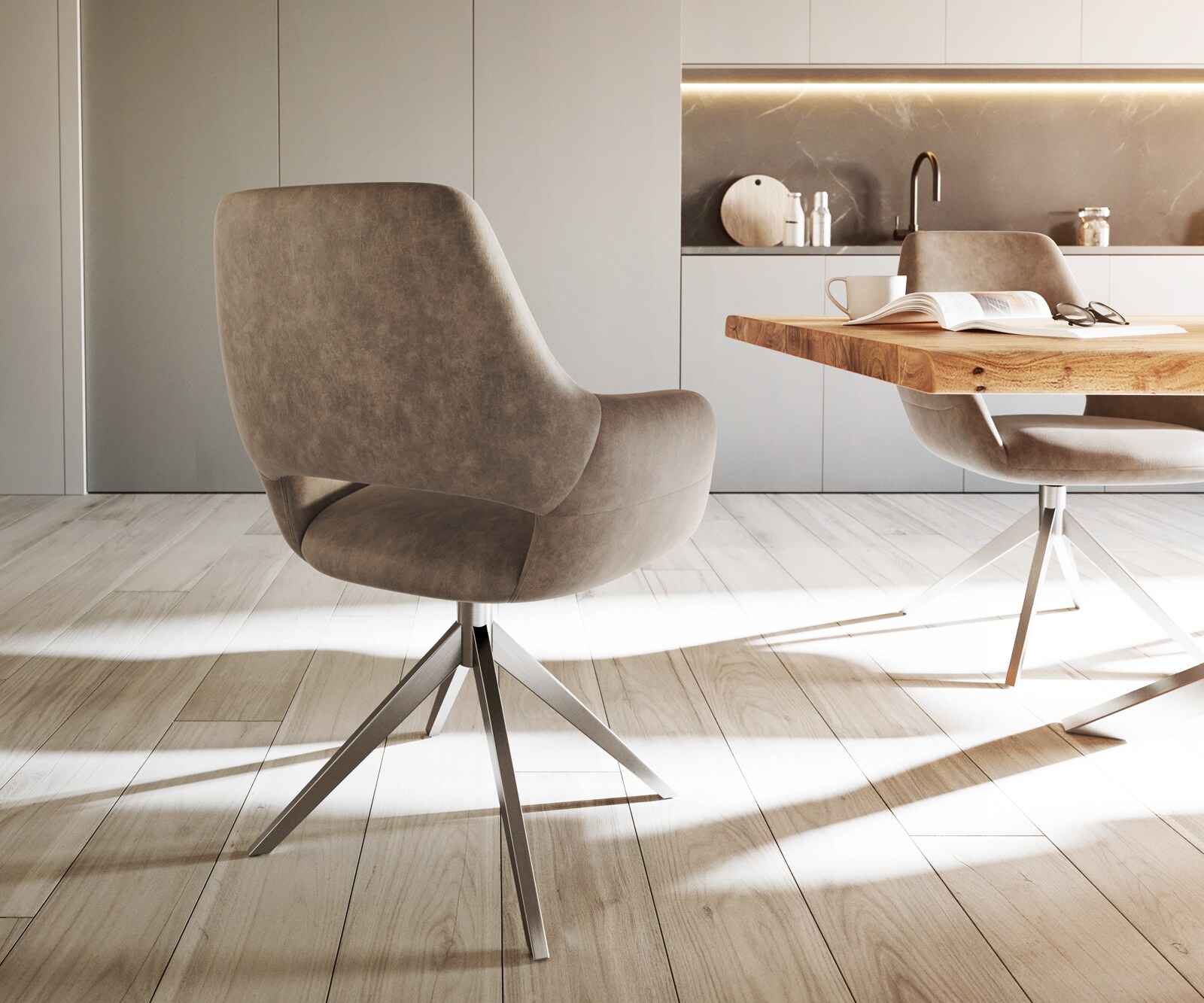 Chaise-de-salle-à-manger Yago-Flex avec accoudoirs microvelours taupe vintage pied croisé large acier inoxydable brossé ressorts ensachés 4 Chaise-de-salle-à-manger Yago-Flex avec accoudoirs microvelours taupe vintage pied croisé large acier inoxydable brossé ressorts ensachés 4