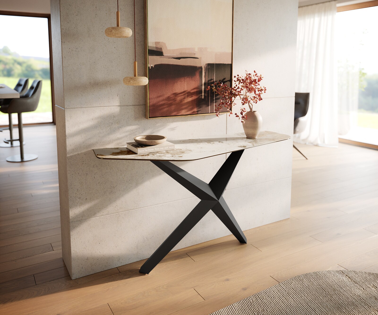 Console Edge Polygonal 140x50 cm Céramique Minas Melange Weiß-Beige Zentharo Métal Noir