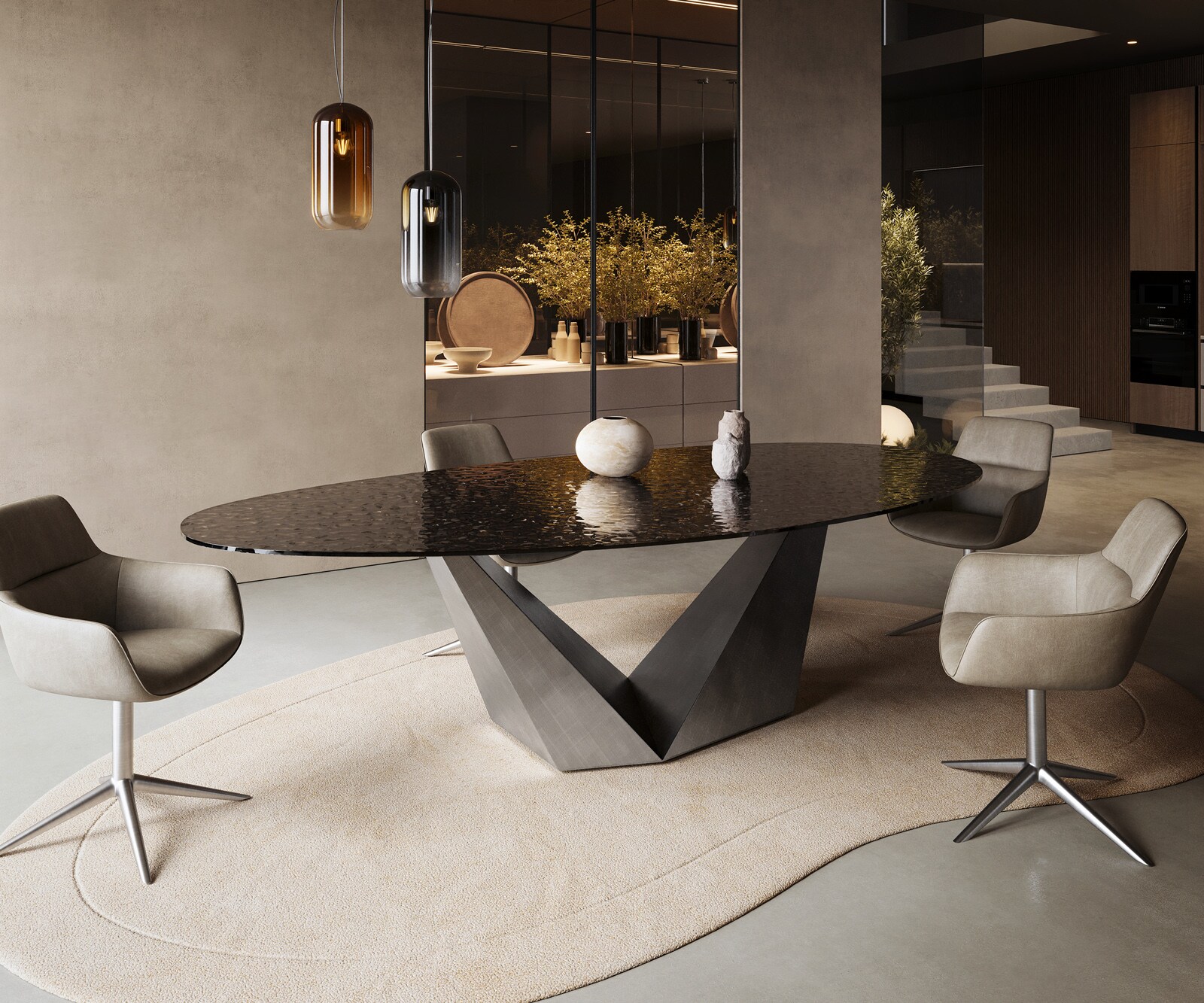 Table à manger Edge ovalee 280x130 verre en relief noir fumé 3D-Design Prisma métallique argent 5