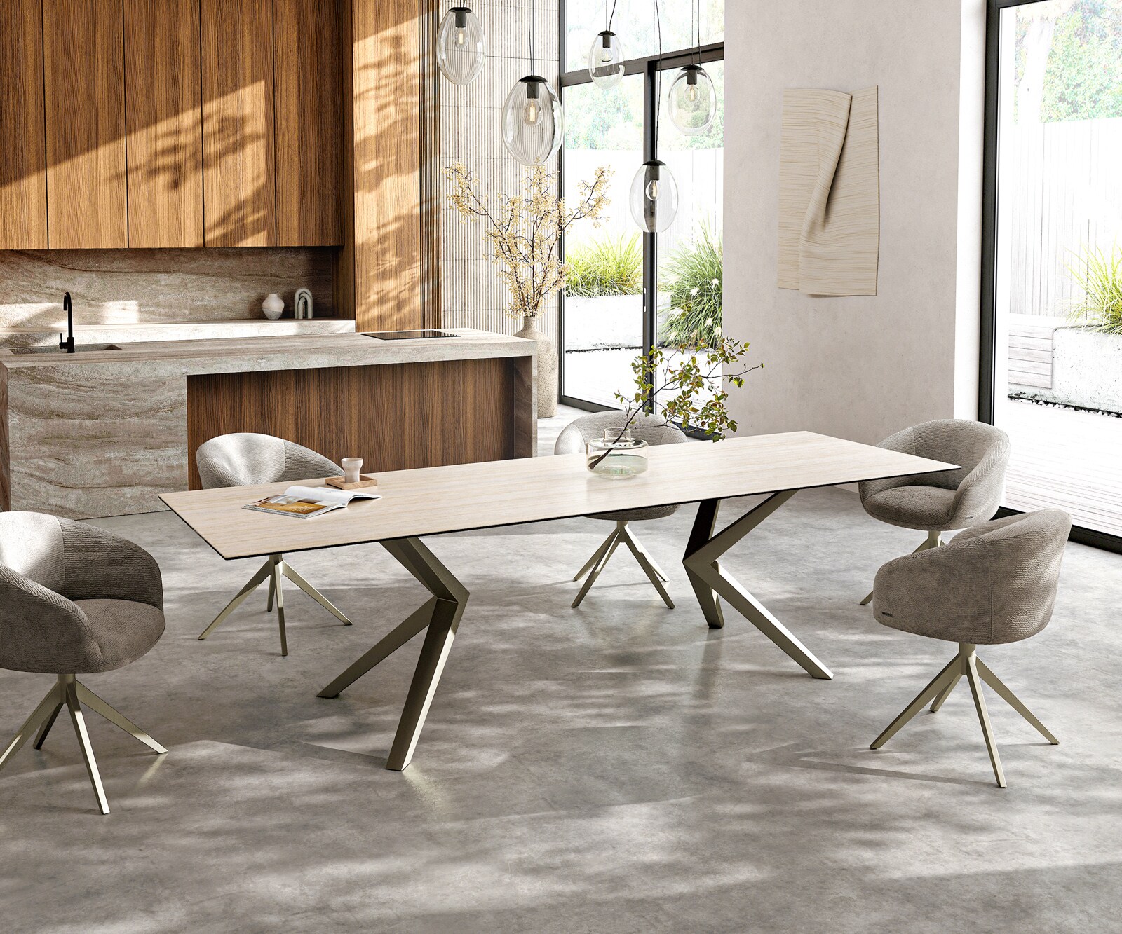 Table à manger Edge 300x100 céramique Laminam® Travertino Bianco crème-blanc Zenthara Angulaire métal effet finition titanee 6