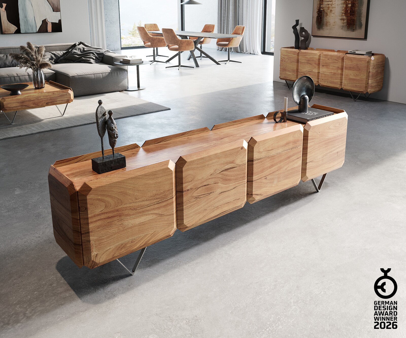 Meuble-bas Kiano 220 cm Acacia Nature 4 Portes Pied en V Acier inoxydable Séparateur de pièce