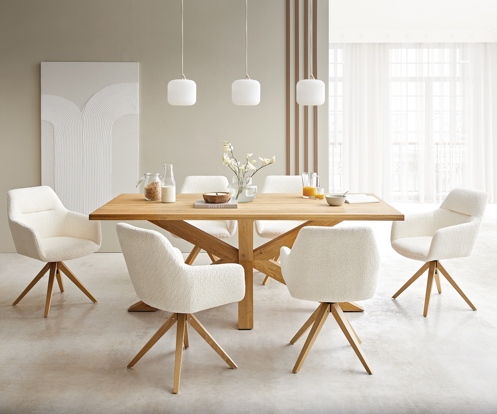 Chaise-de-salle-à-manger Pejo-Flex bouclé blanc pied en bois angulaire naturel ressorts ensachés 3 Chaise-de-salle-à-manger Pejo-Flex bouclé blanc pied en bois angulaire naturel ressorts ensachés 3