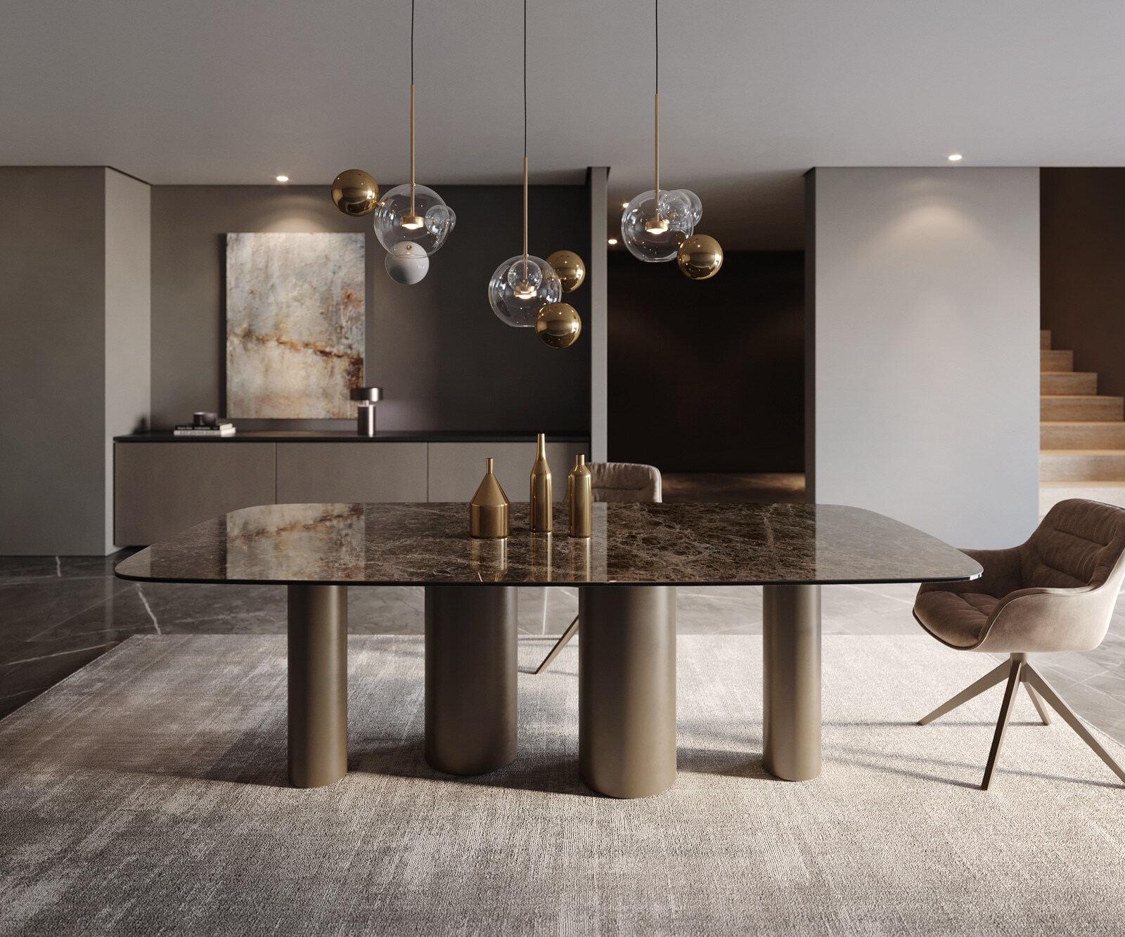Table de salle à manger Edge Boot Céramique Emperador Extra Lucidato Brun foncé 240x120 Pilier Métal finition effet Titane 1