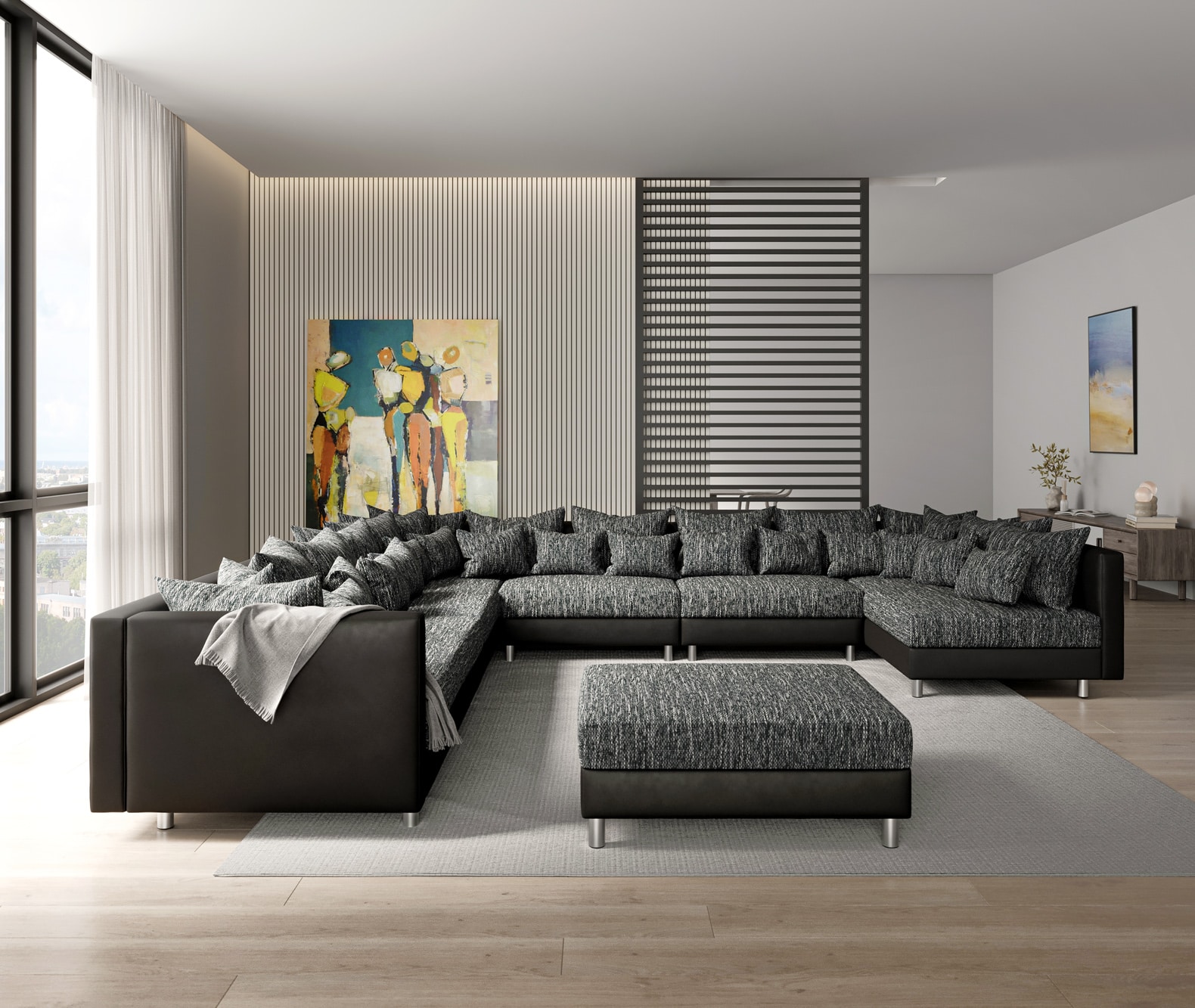 Canapé-panoramique Clovis XXL Tabouret noir pouf gauche Modulable 4