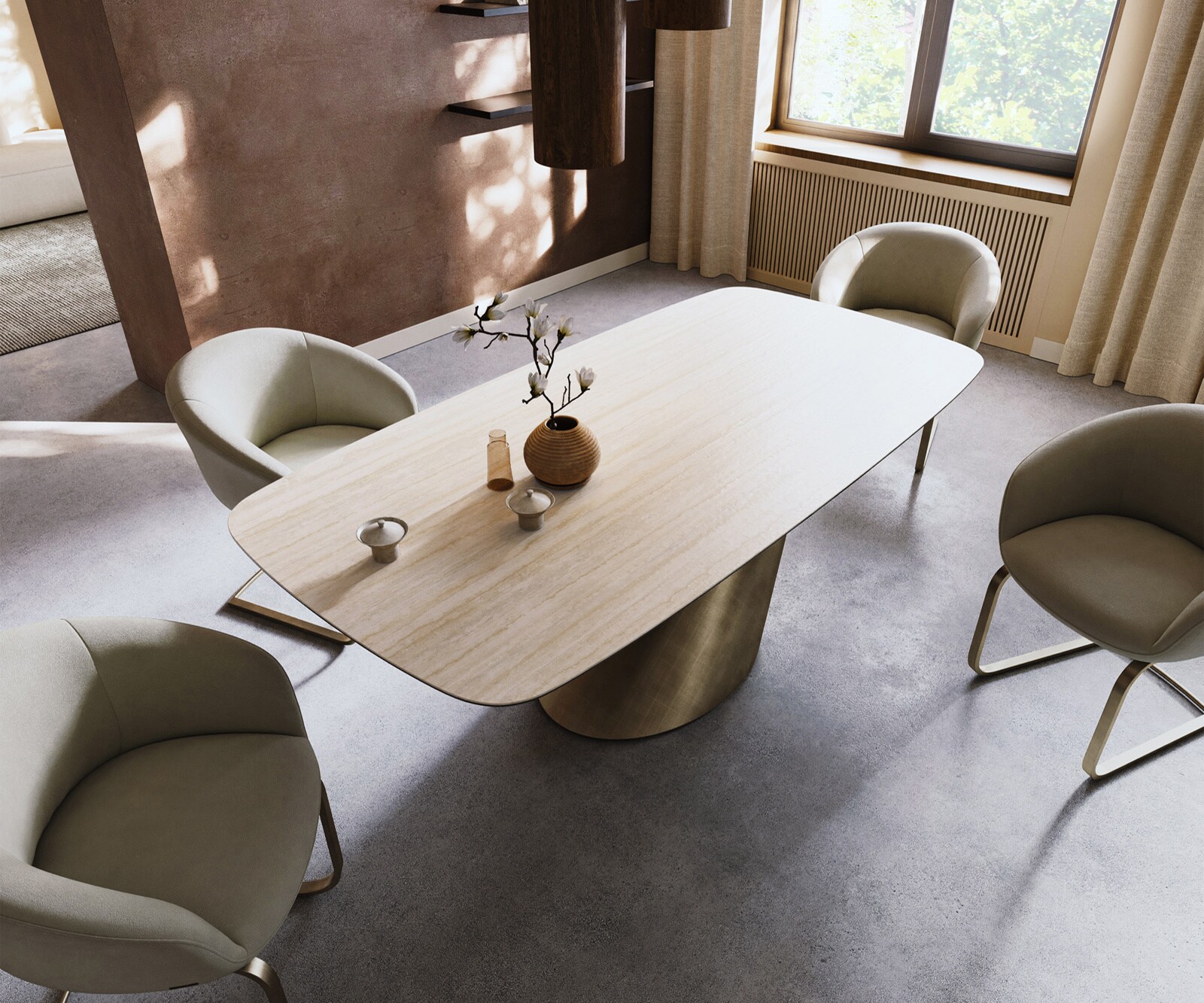 Table à manger Edge Boot 200x100 céramique Laminam® Travertino Bianco crème-blanc Cono métallique doré 3