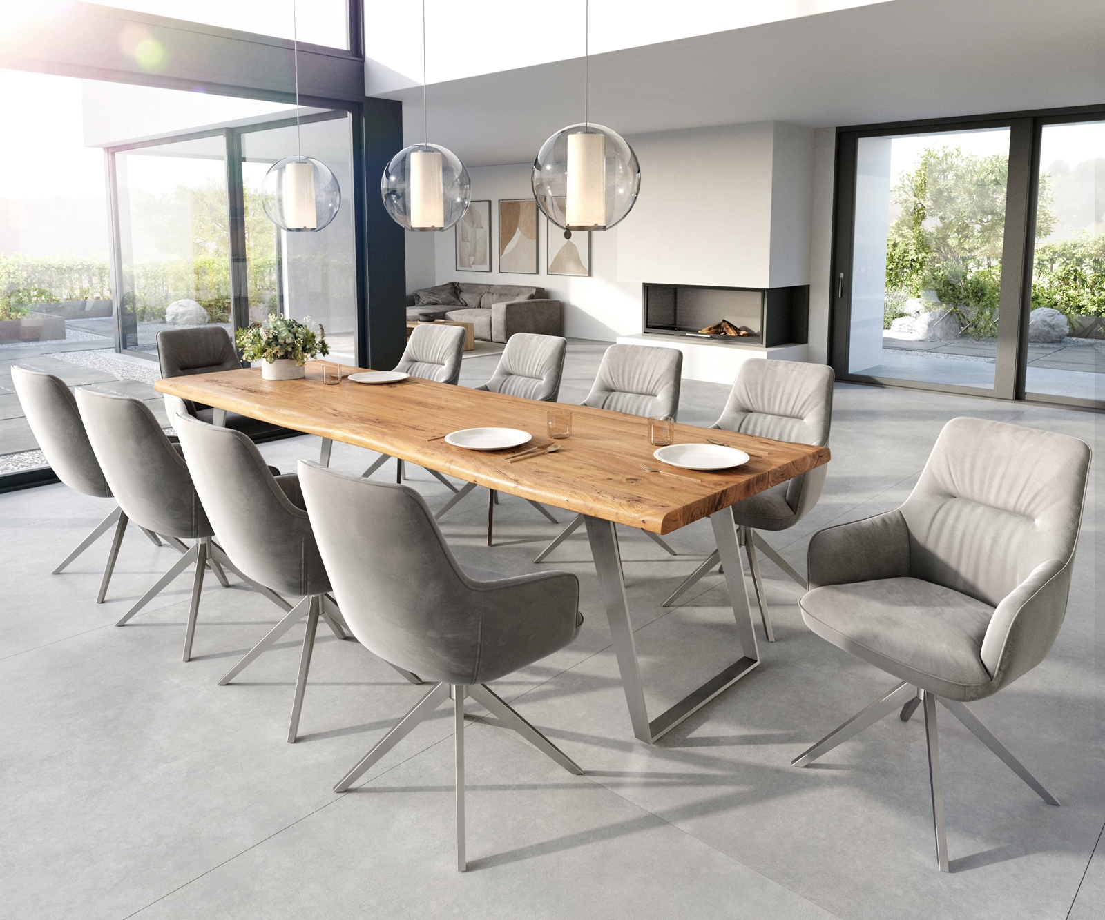 Chaise-de-salle-à-manger Zelia-Flex avec accoudoirs velours gris pied croisé large acier inoxydable brossé ressorts ensachés 3 Chaise-de-salle-à-manger Zelia-Flex avec accoudoirs velours gris pied croisé large acier inoxydable brossé ressorts ensachés 3