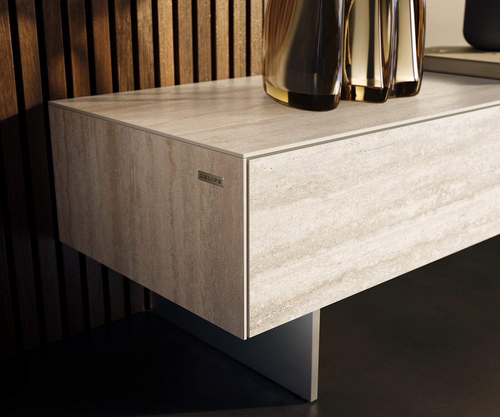 Meuble-TV Cuor 200 cm Céramique Laminam® Travertino Bianco Crème-blanc 1 Clapet 1 Tiroir Pied optique flottant Ancier inoxydable 6