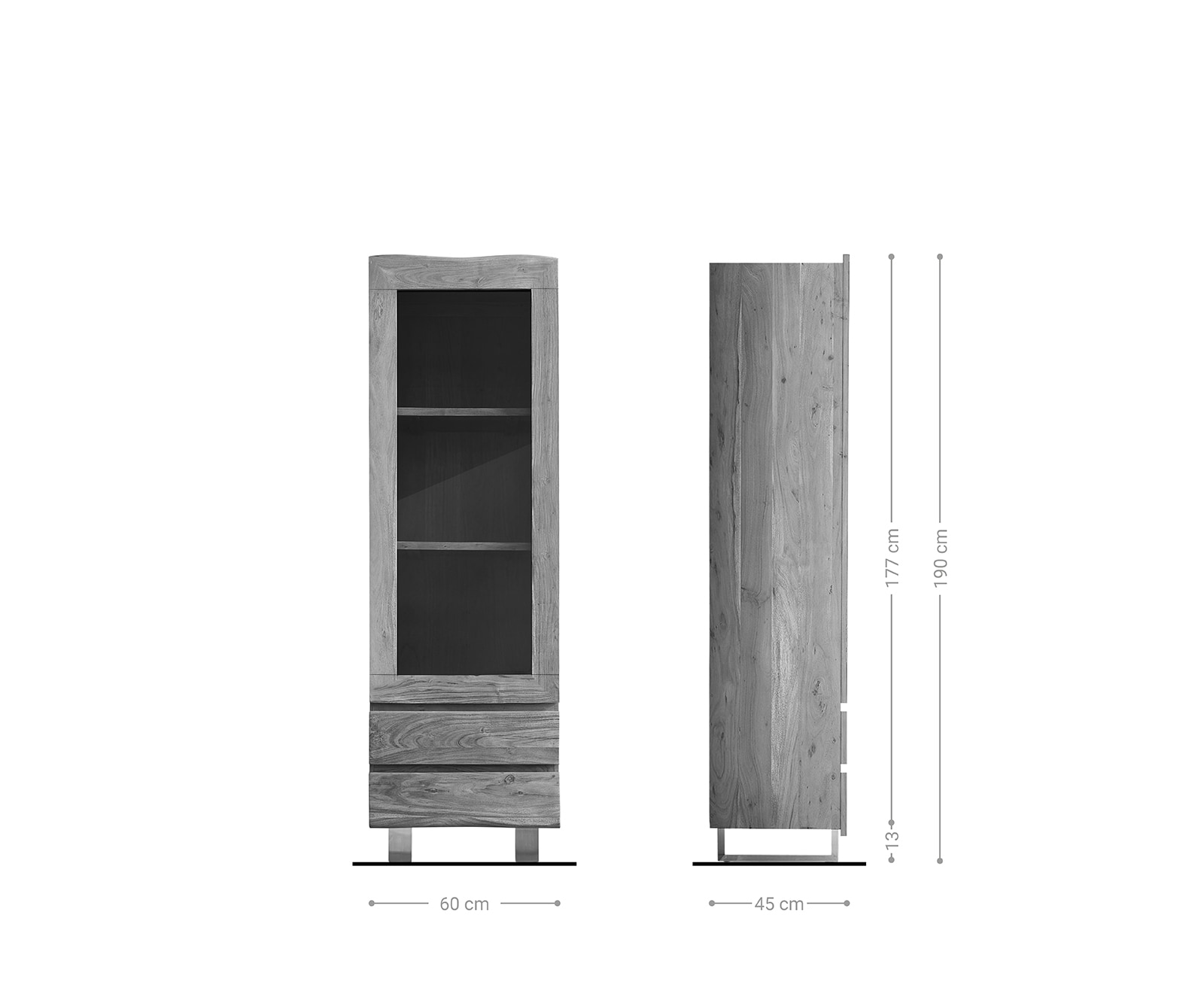 Vitrine Live-Edge 60x190 cm acacia naturel bordure de tronc d'arbre 1 porte 2 tiroirs massif 9