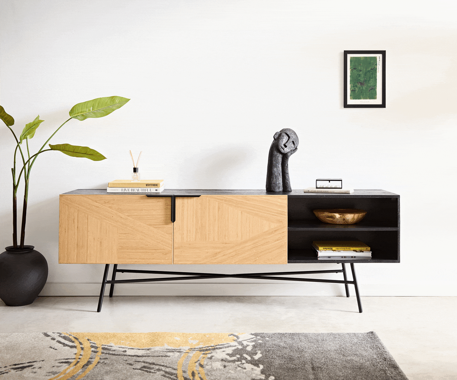 Buffet Mikkusu 175 cm Bambou Naturel Manguier Noir 2 portes 2 compartiments Métal Noir 2