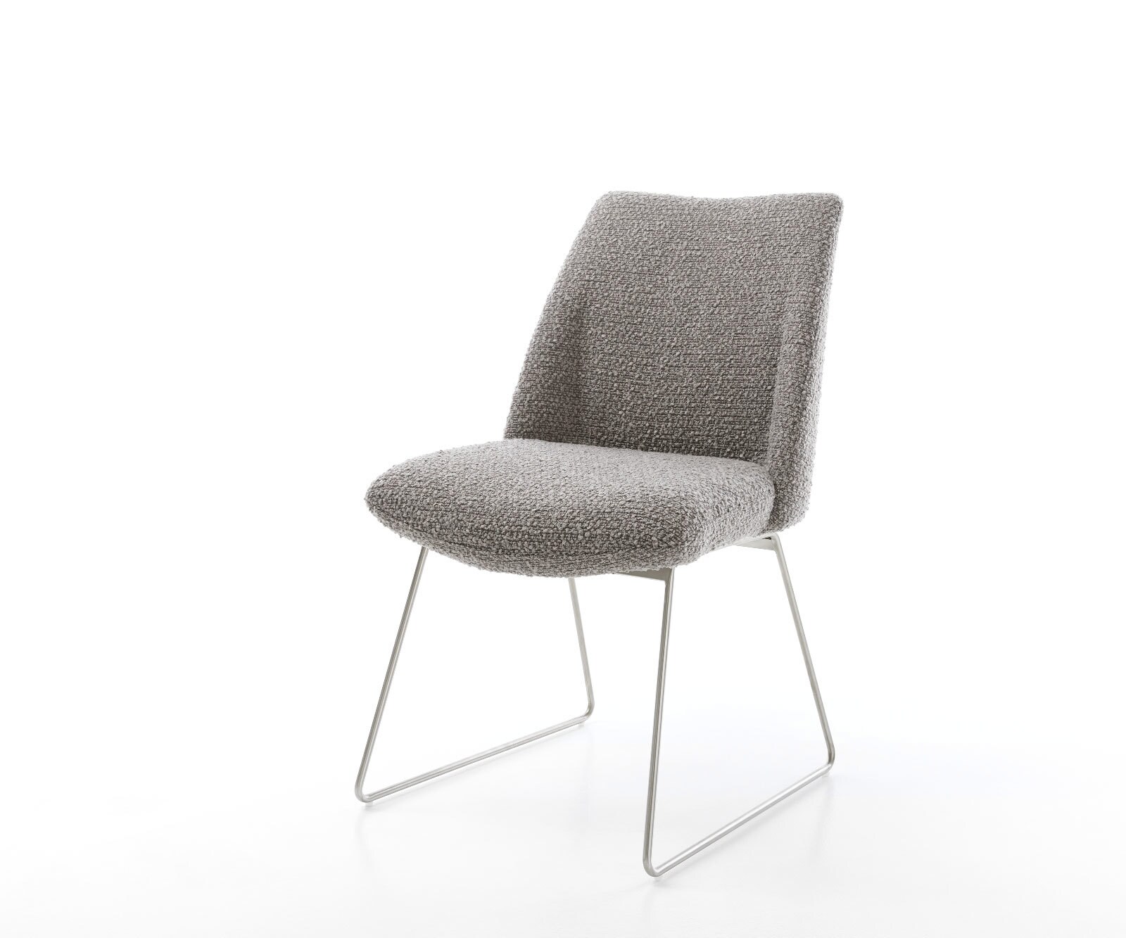 Chaise-de-salle-à-manger Elso-Flex bouclé gris argenté pied trapèze acier inoxydable brossé ressorts ensachés