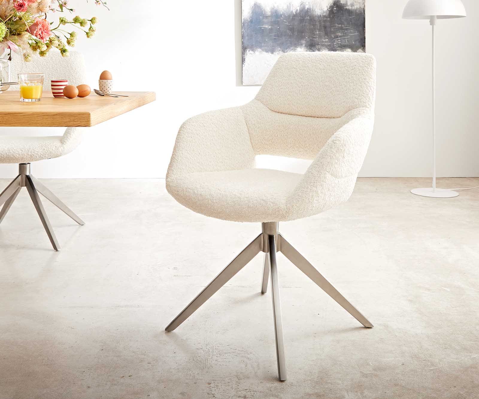 Chaise-pivotante Yago-Flex avec accoudoirs bouclé blanc pied croisé large acier inoxydable brossé pivotement sur 360° ressorts ensachés Chaise-pivotante Yago-Flex avec accoudoirs bouclé blanc pied croisé large acier inoxydable brossé pivotement sur 360° ressorts ensachés