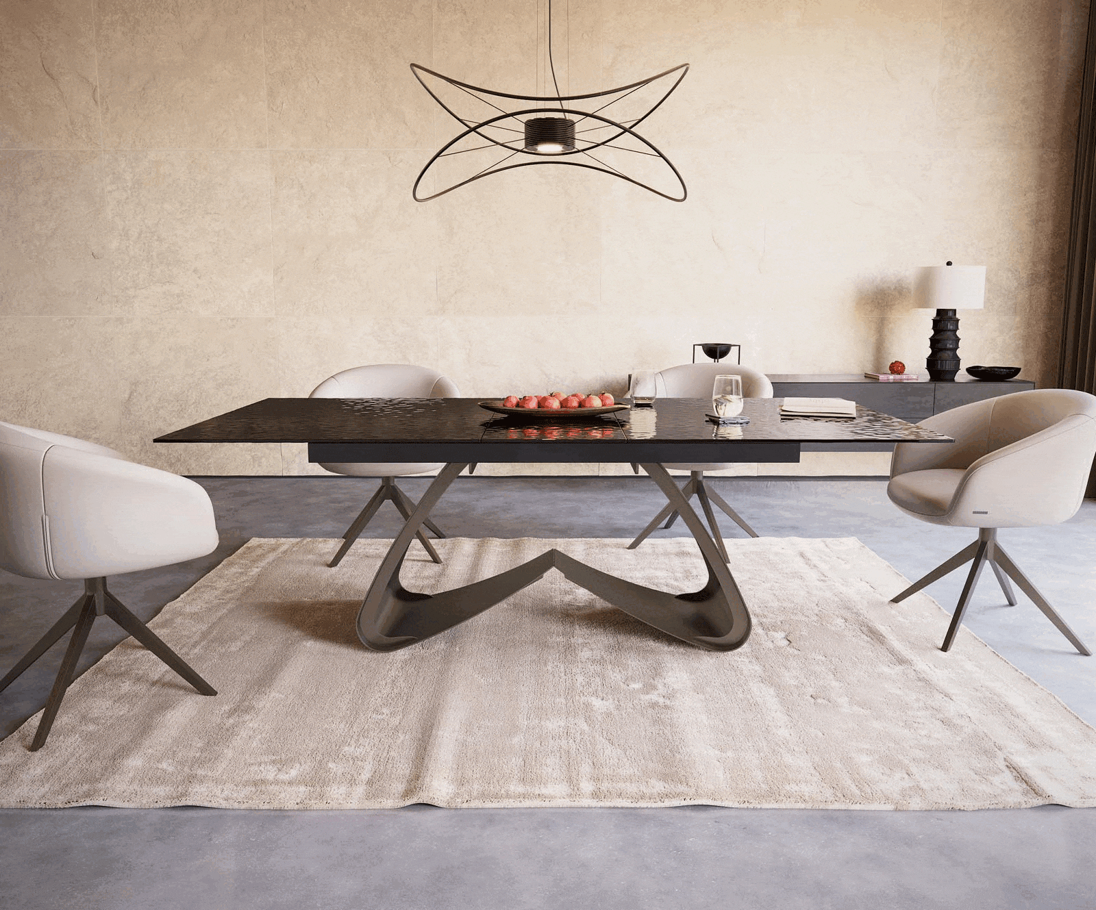 Table à manger Edge 180-220x100 verre fondu noir fumé relief en 3D cadre en W Effektfinish Titan extensible 1 Table à manger Edge 180-220x100 verre fondu noir fumé relief en 3D cadre en W Effektfinish Titan extensible 1