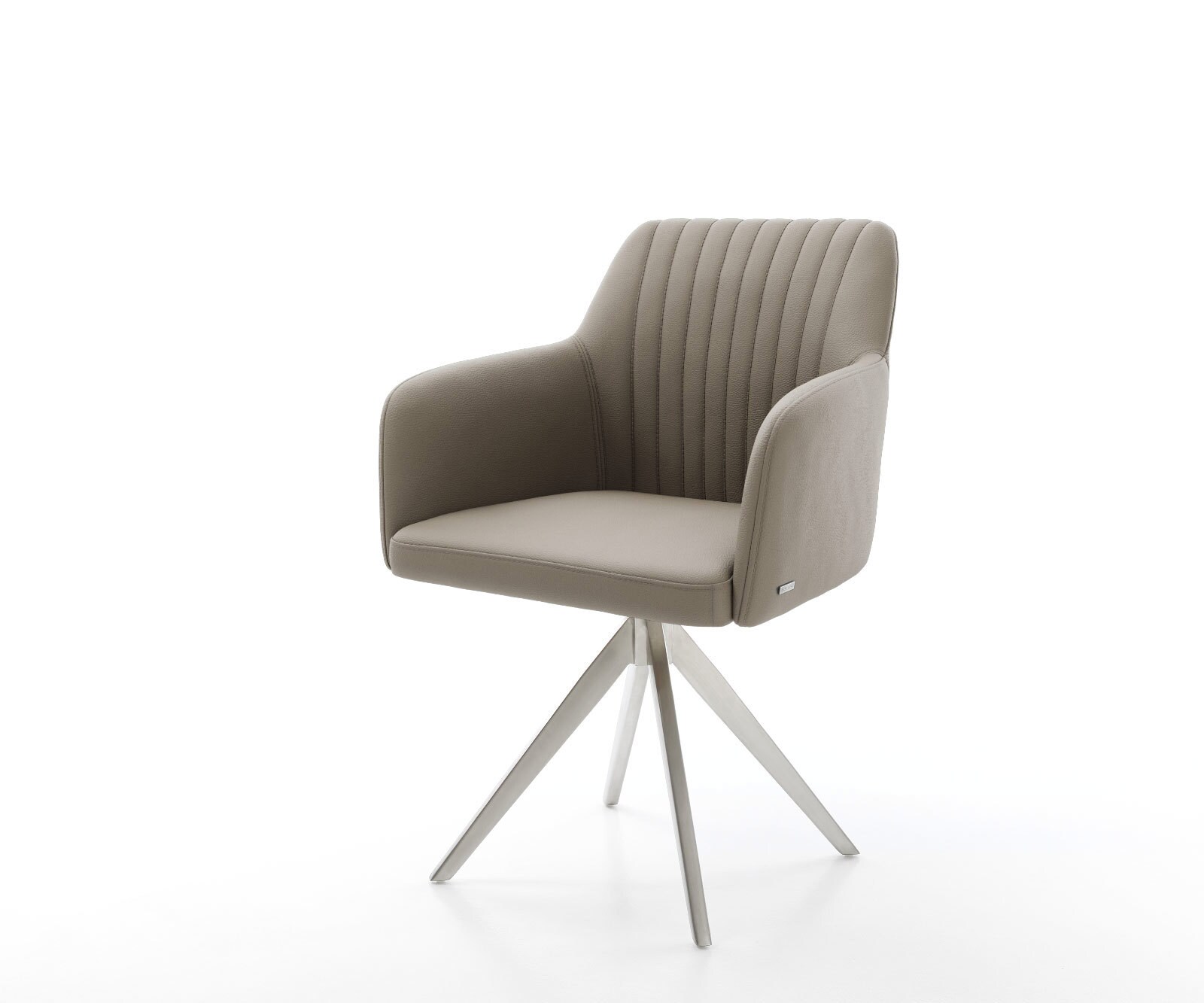 Chaise-de-salle-à-manger Greg-Flex cuir de vache couleur boue pied croisé angulaire acier inoxydable brossé ressorts ensachés