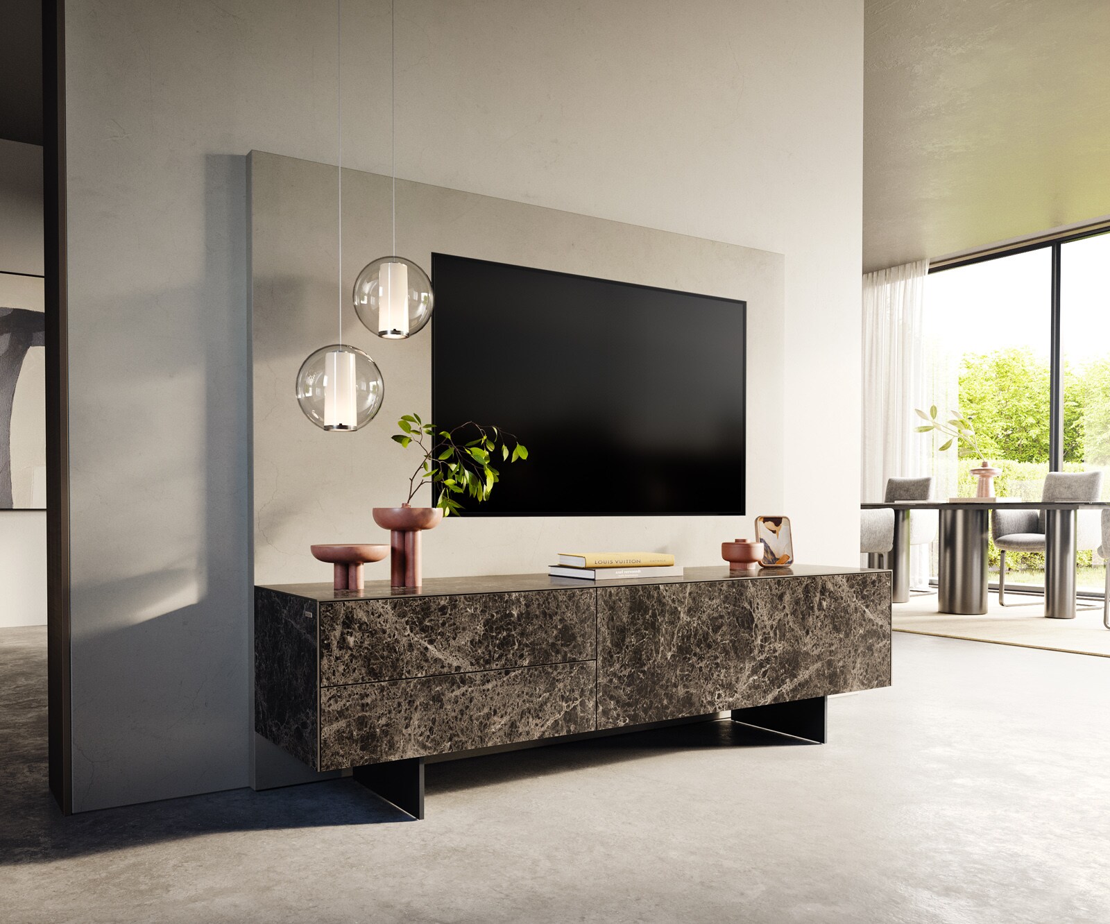Meuble-TV Cuor 180 cm Céramique Emperador Extra Lucidato brun foncé 1 Clapet 2 Tiroirs Pied optique flottant Métal Noir 1