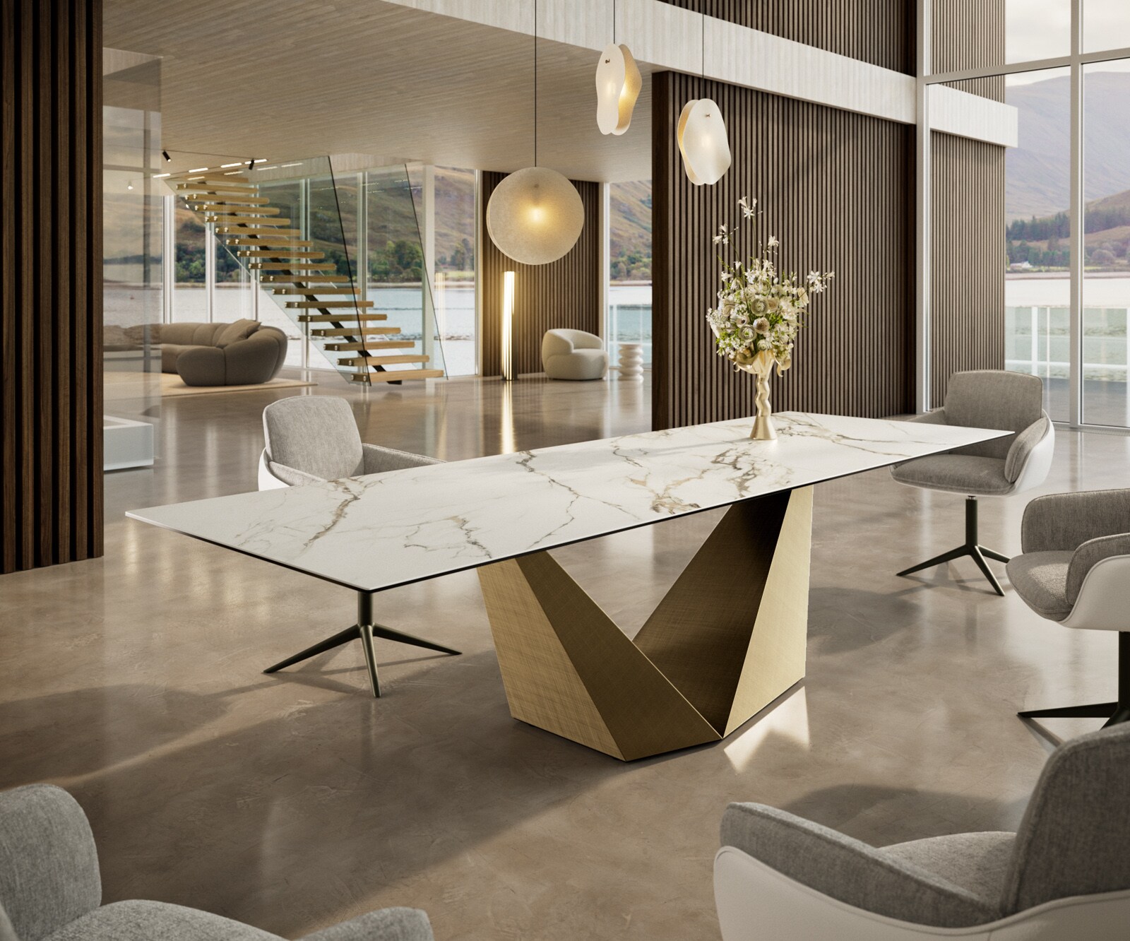 Table à manger Edge 300x100 céramique Calacatta Luxe blanc-doré-gris Prisma métallique doré 1