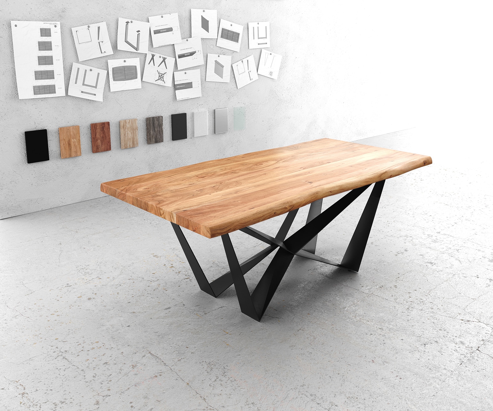 Table à manger Edge 200x100 XL acacia naturel Spider acier plat noir Live-Edge 1