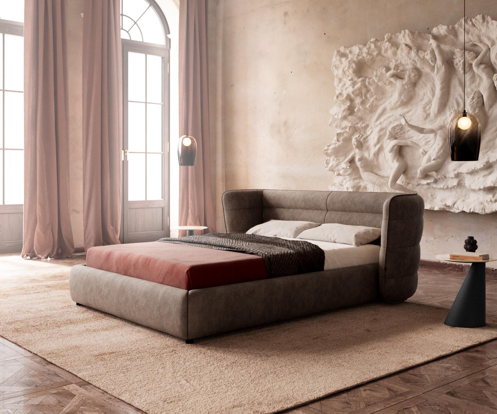 Sommier rembourré Simea 140x200 cm microfibre taupe vintage 1