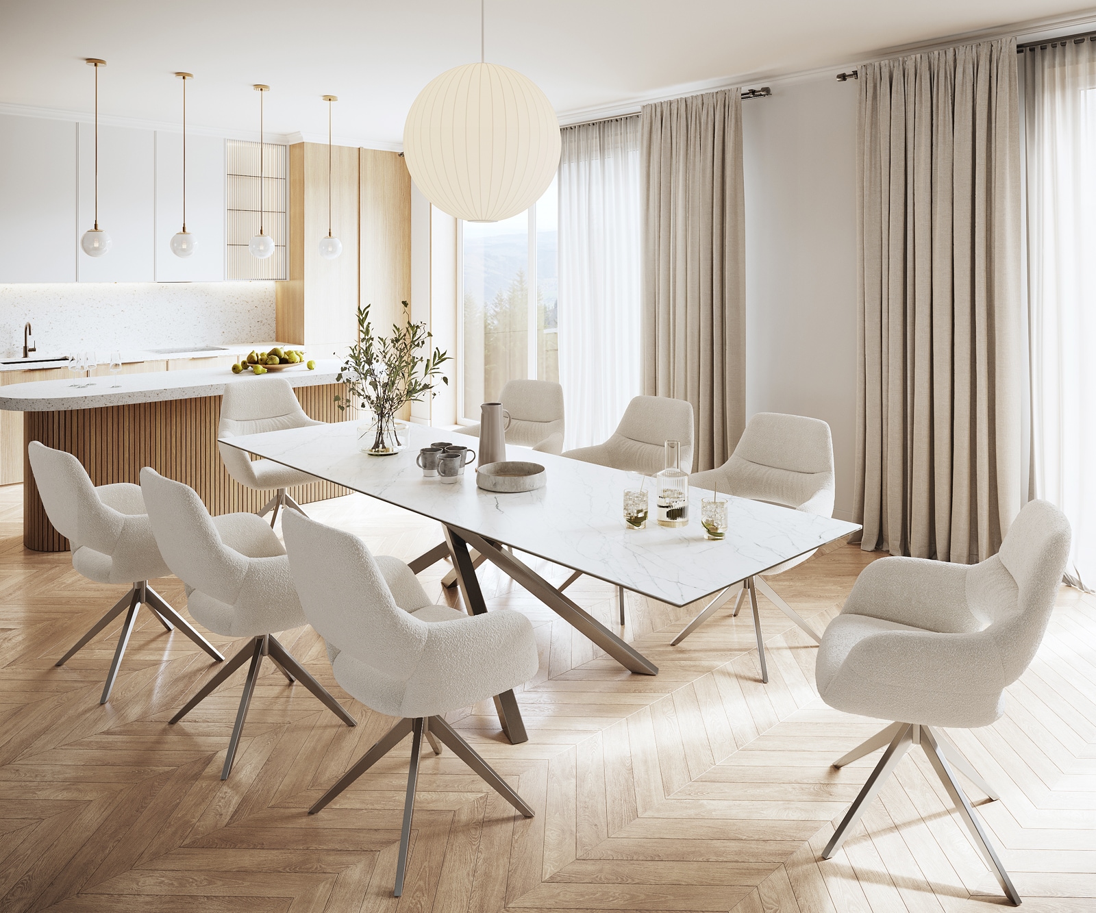 Table-à-manger Edge 300x100cm Laminam® céramique blanc pieds milieu croisé argent 5 Table-à-manger Edge 300x100cm Laminam® céramique blanc pieds milieu croisé argent 5