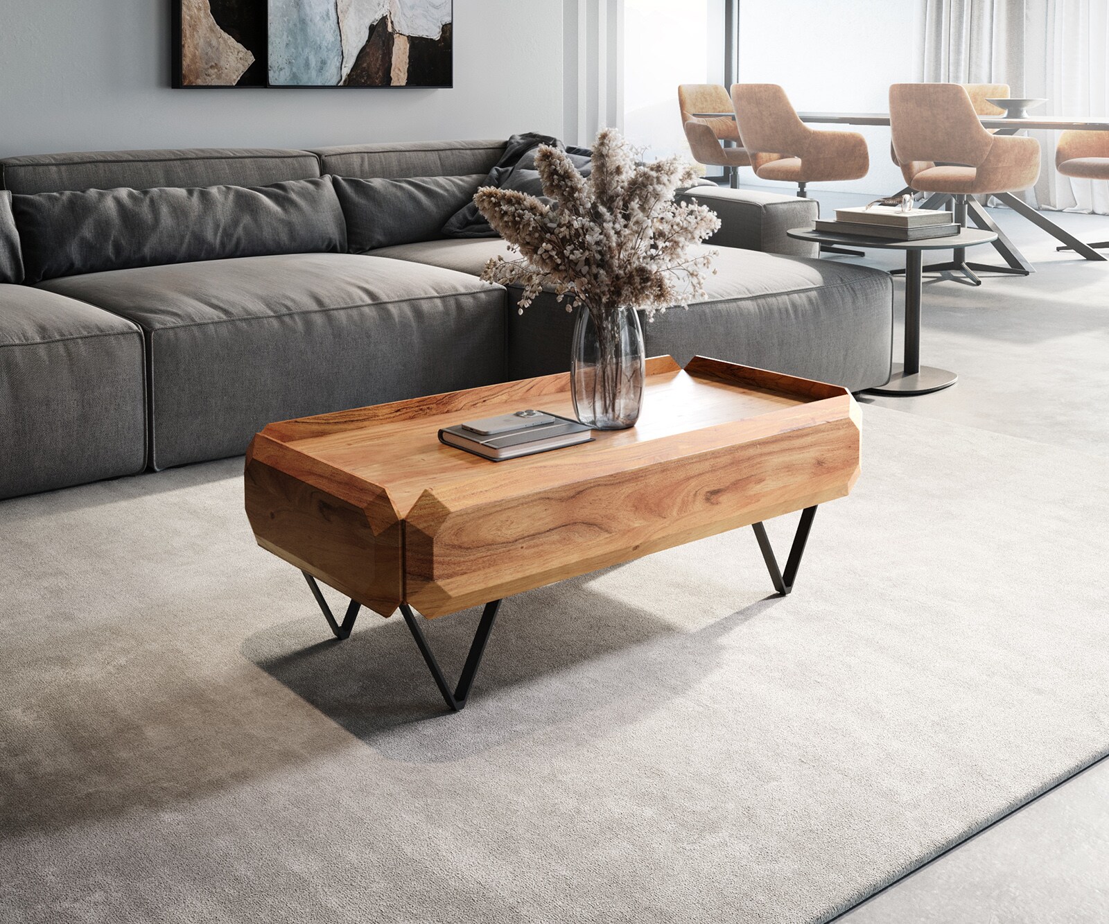 Table basse Kiano acacia naturel 2 tiroirs pied V 4