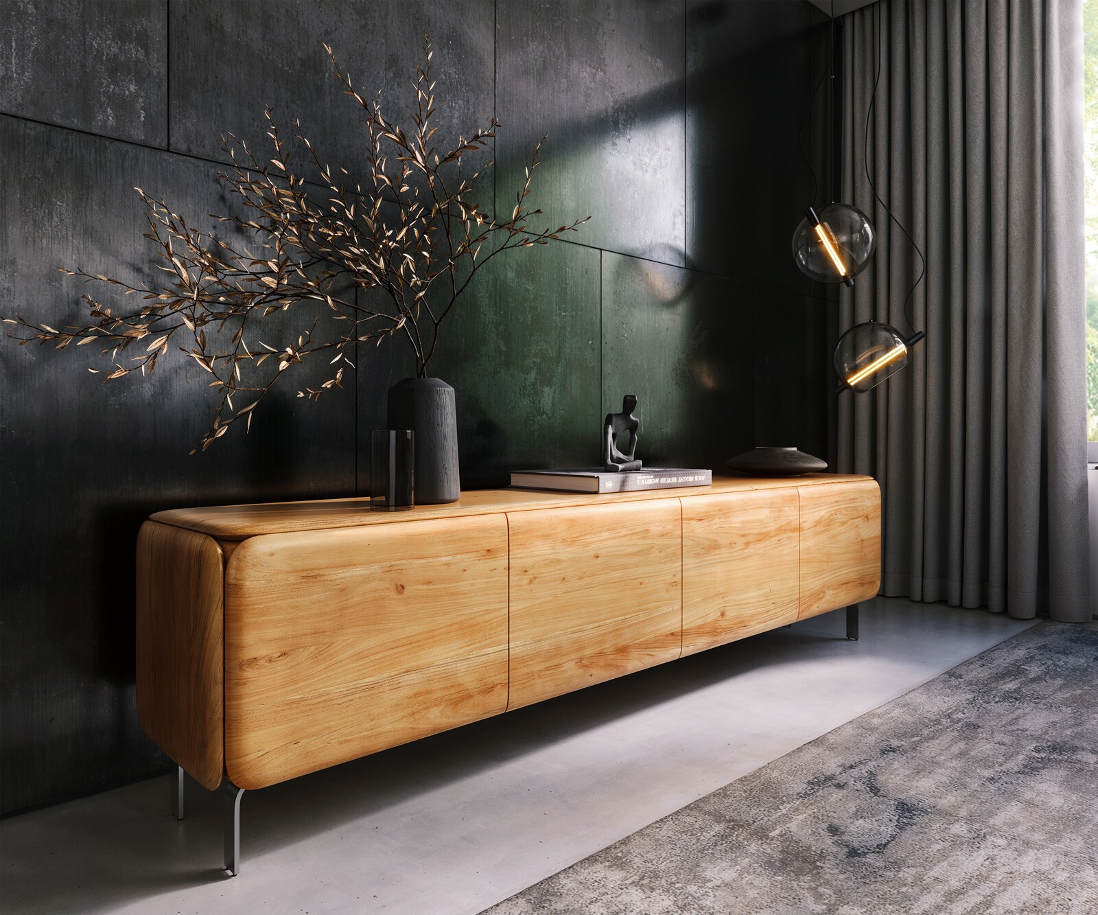 Meuble-TV  Shavani 220 cm Acacia naturel 4 portes Pieds en L Acier inoxydable argenté