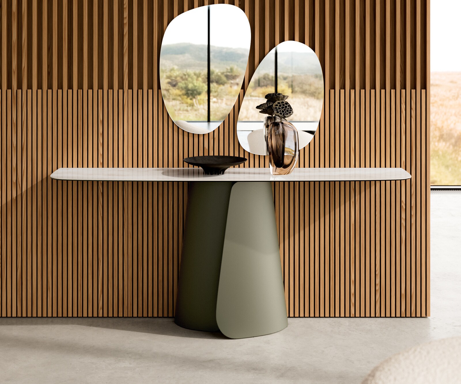 Console Edge forme bateau 180x40 cm Céramique Onyx Champagne Livos Métal Effektfinish Titan 1