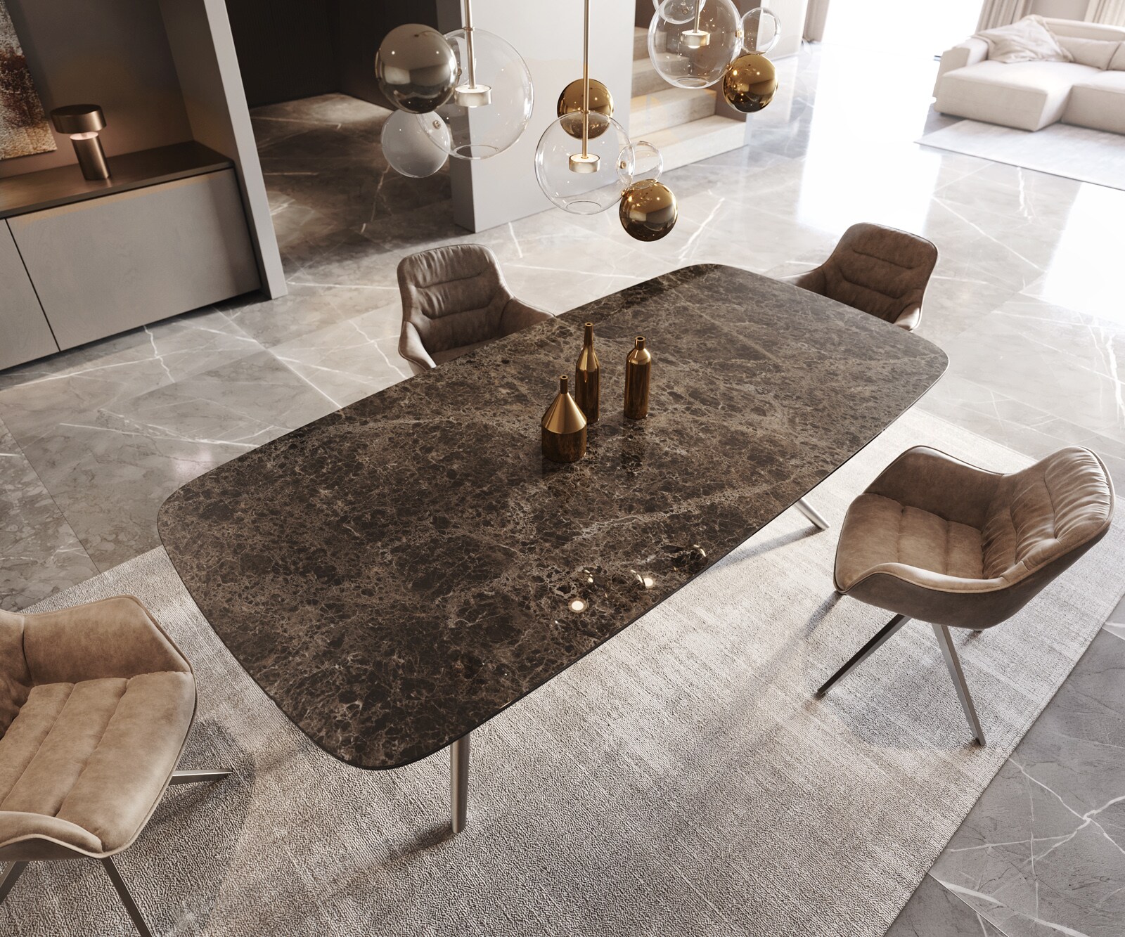 Table de salle à manger Edge Boot Céramique Emperador Extra Lucidato Brun foncé 240x120 Estelar rond Acier inoxydable 4