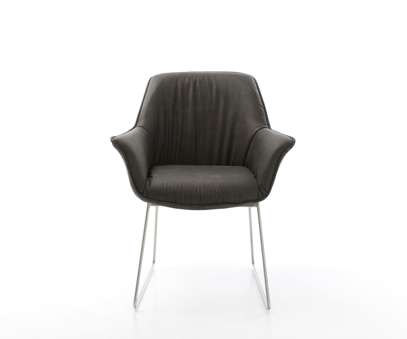 Chaise-de-salle-à-manger Keila-Flex avec accoudoirs microvelours anthracite vintage pied trapèze acier inoxydable brossé 2 Chaise-de-salle-à-manger Keila-Flex avec accoudoirs microvelours anthracite vintage pied trapèze acier inoxydable brossé 2