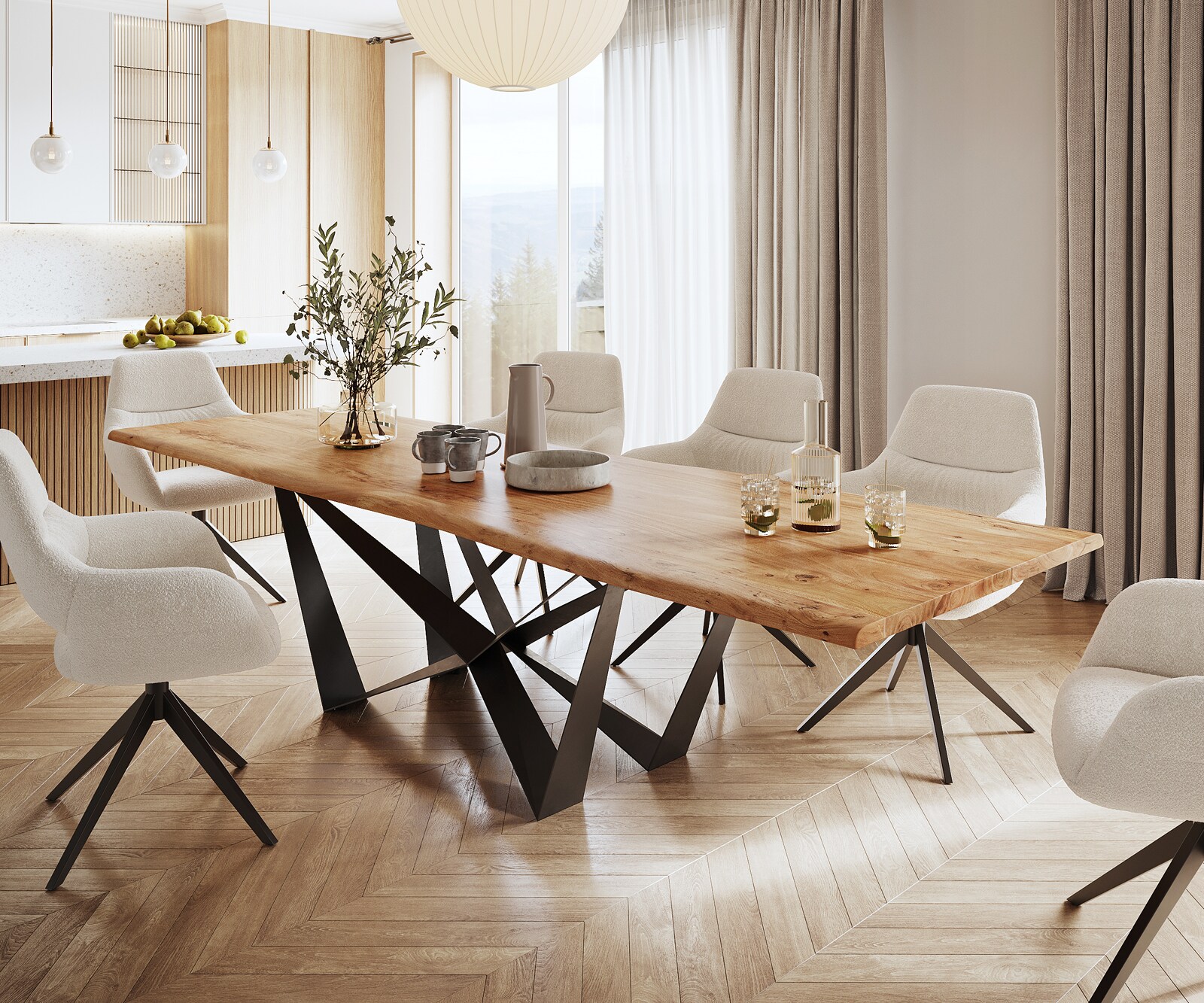 Table à manger Edge 300x100 acacia nature Spider acier plat noir Live-Edge 1