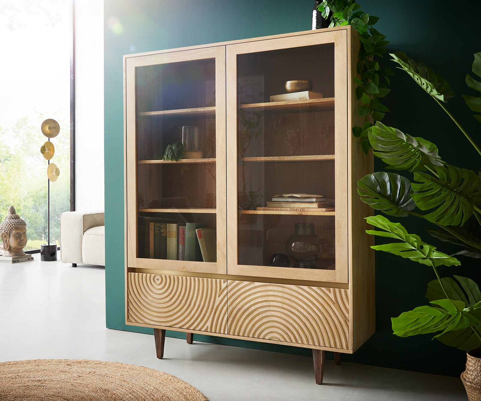 Vitrine Budaya 115x135 cm manguier naturel 4 portes pieds carrés