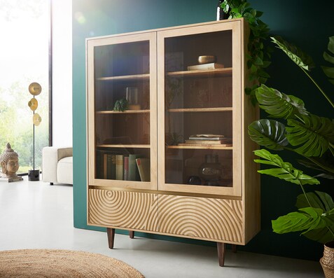 Vitrine Budaya 115x135 cm manguier naturel 4 portes pieds carrés