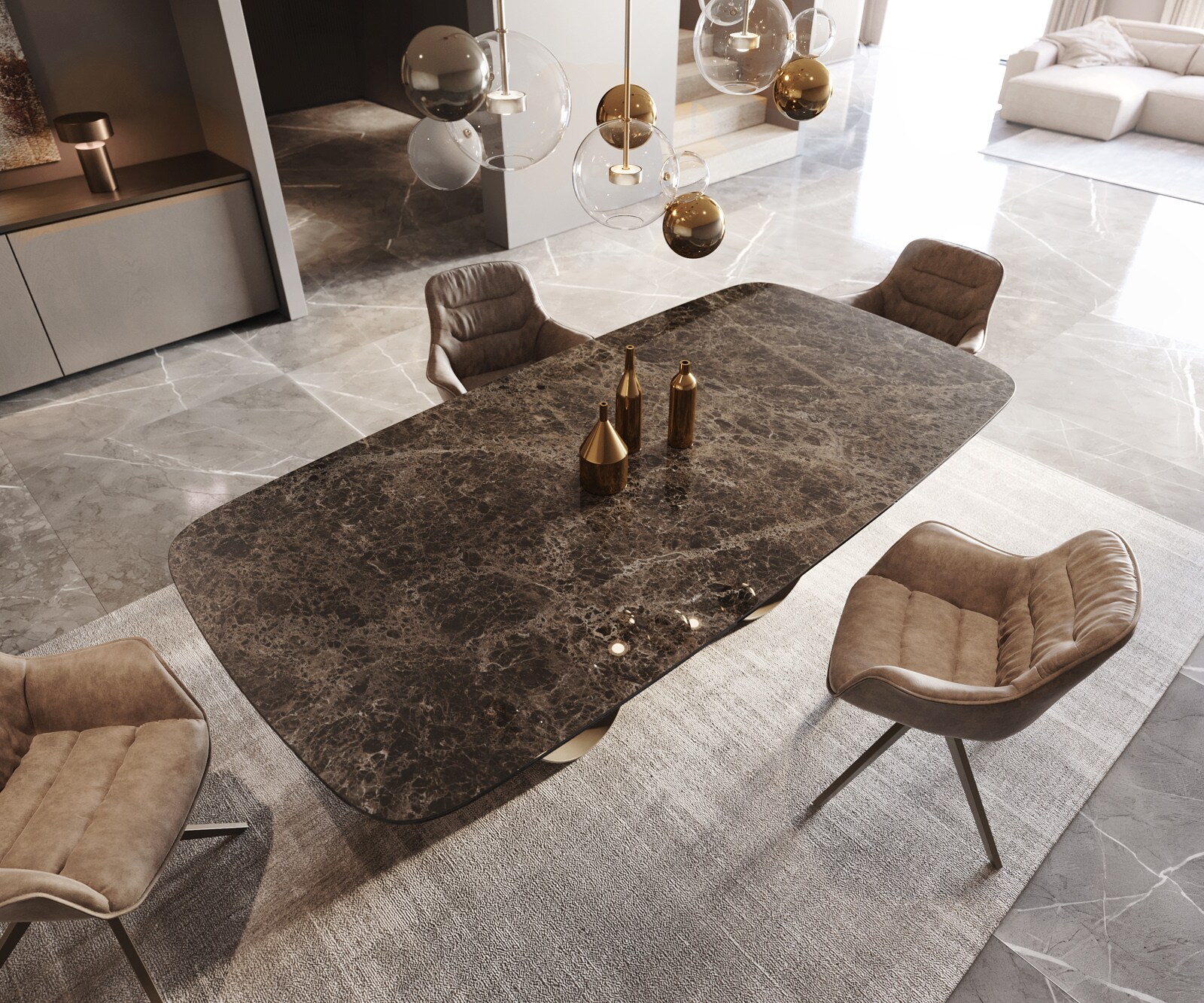 Table de salle à manger Edge Boot Céramique Emperador Extra Lucidato Brun foncé 240x120 Infinity Métal finition effet Titane 3
