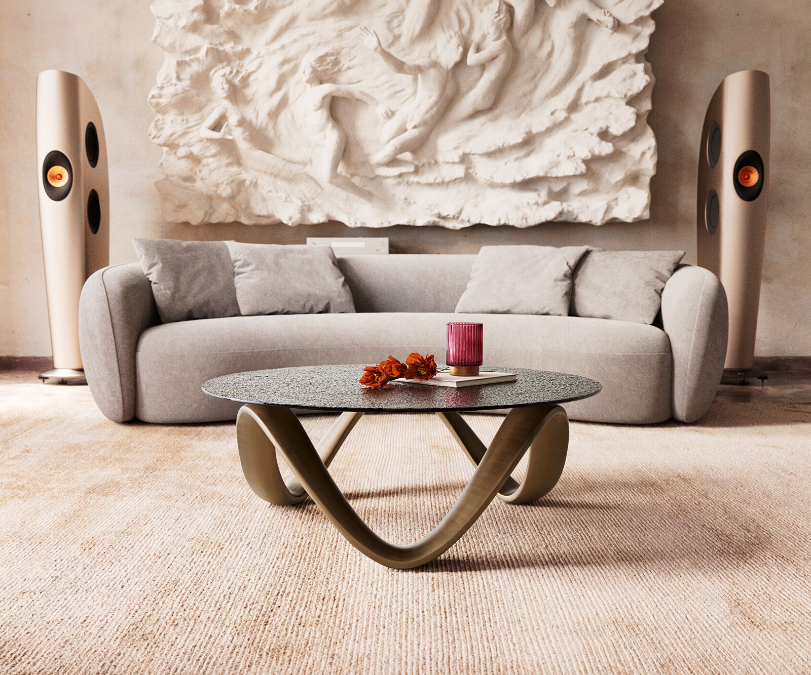 Table basse Tanju 90x90 cm Or avec verre en relief Taupe 2