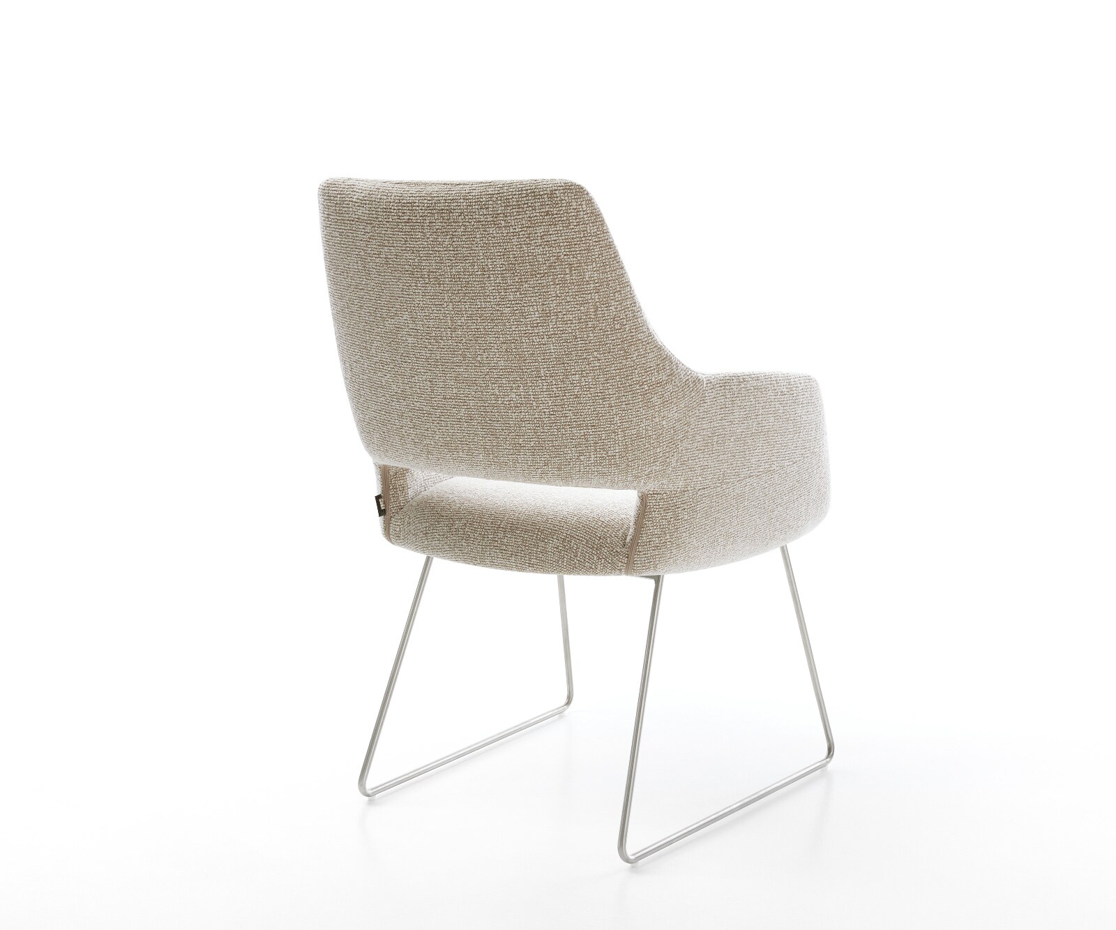 Chaise-de-salle-à-manger Yago-Flex avec accoudoirs tissu tissé doux beige pied trapèze acier inoxydable resorts ensachés 5