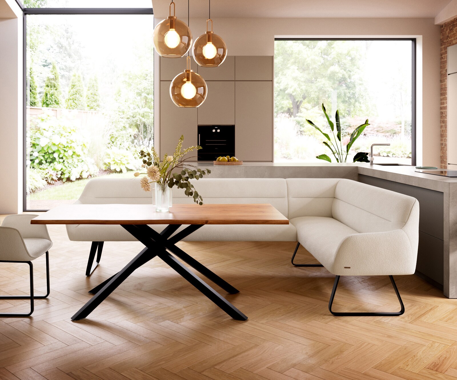 Banc-de-salle-à-manger Taya-Flex 285x190 cm bouclé crème-blanc châssis à patins plat noir ressort ensaché liens 2