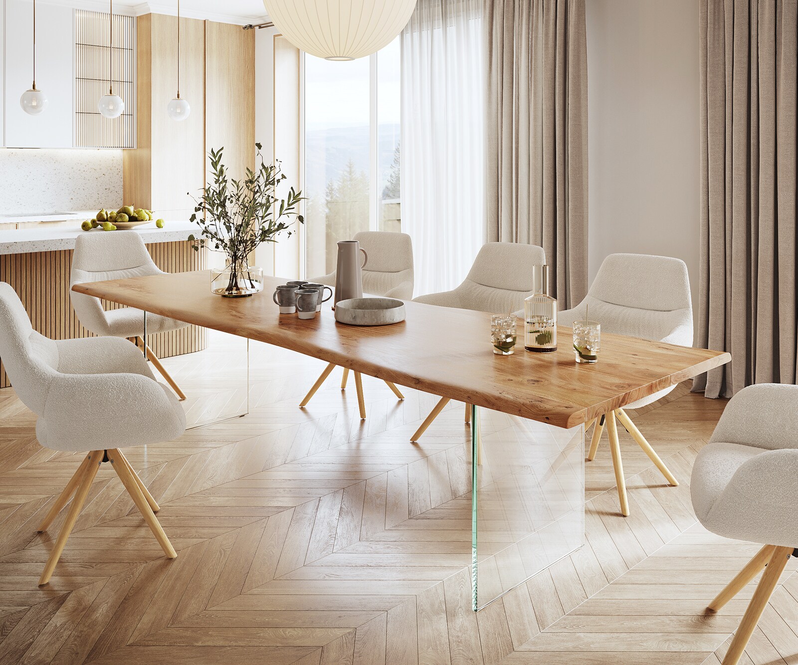 Table à manger Edge 300x100 acacia nature verre Live-Edge