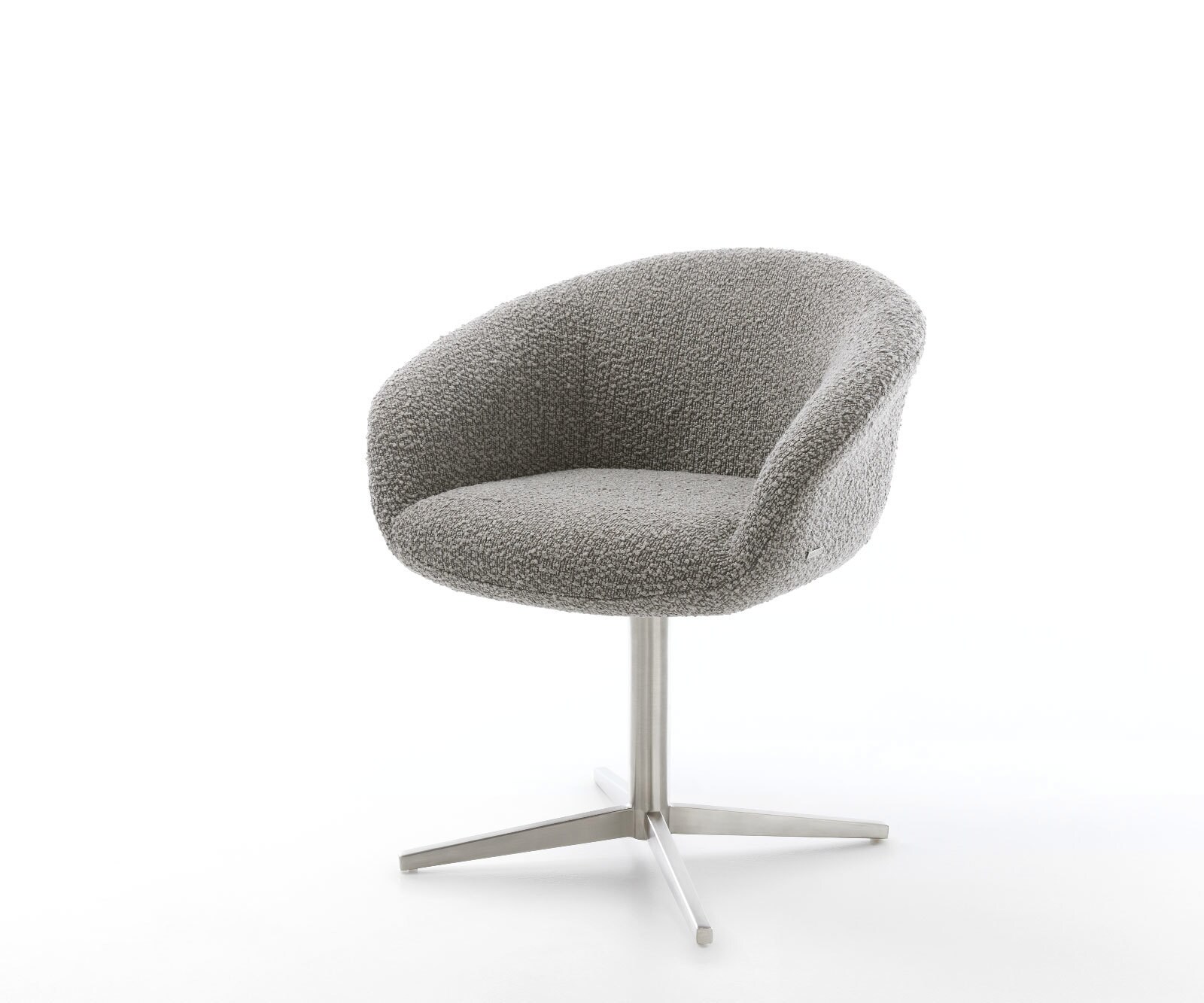 Chaise-pivotante Vinka-Flex avec accoudoirs bouclé gris argenté pied de chaise 4 branches acier inoxydable brossé pivotement sur 360° ressorts ensachés