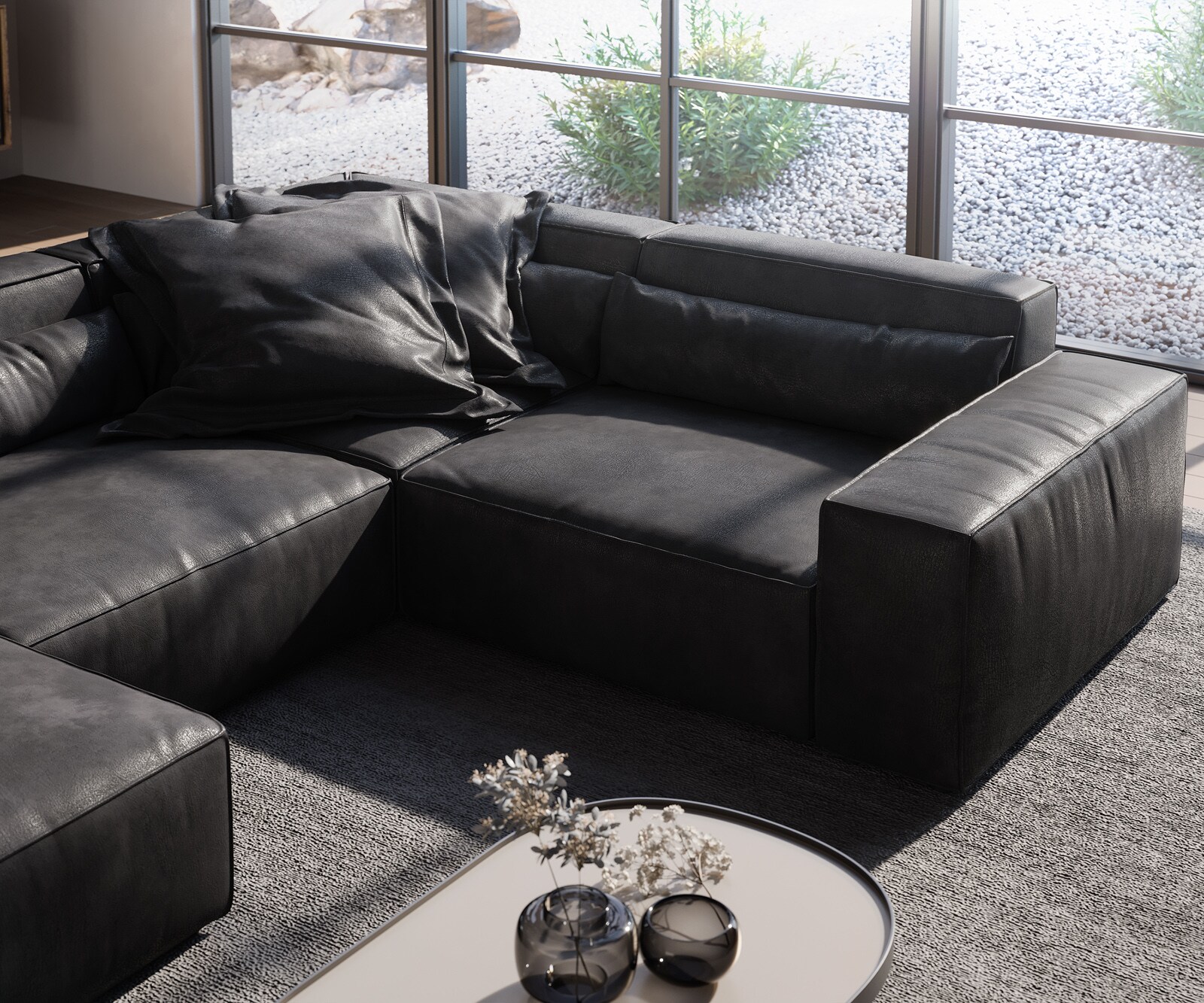 Canapé panoramique Sirpio 300x200 cm Cuir synthétique Vintage Anthracite Recamiere variable avec Tabouret 5