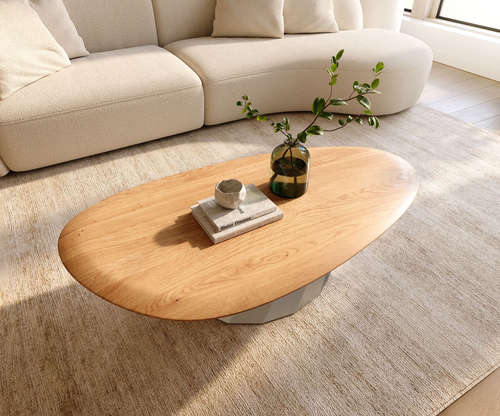Table basse Edge Oval 140x75 cm chêne naturel bord arrondi Parabi acier inoxydable brossé 4