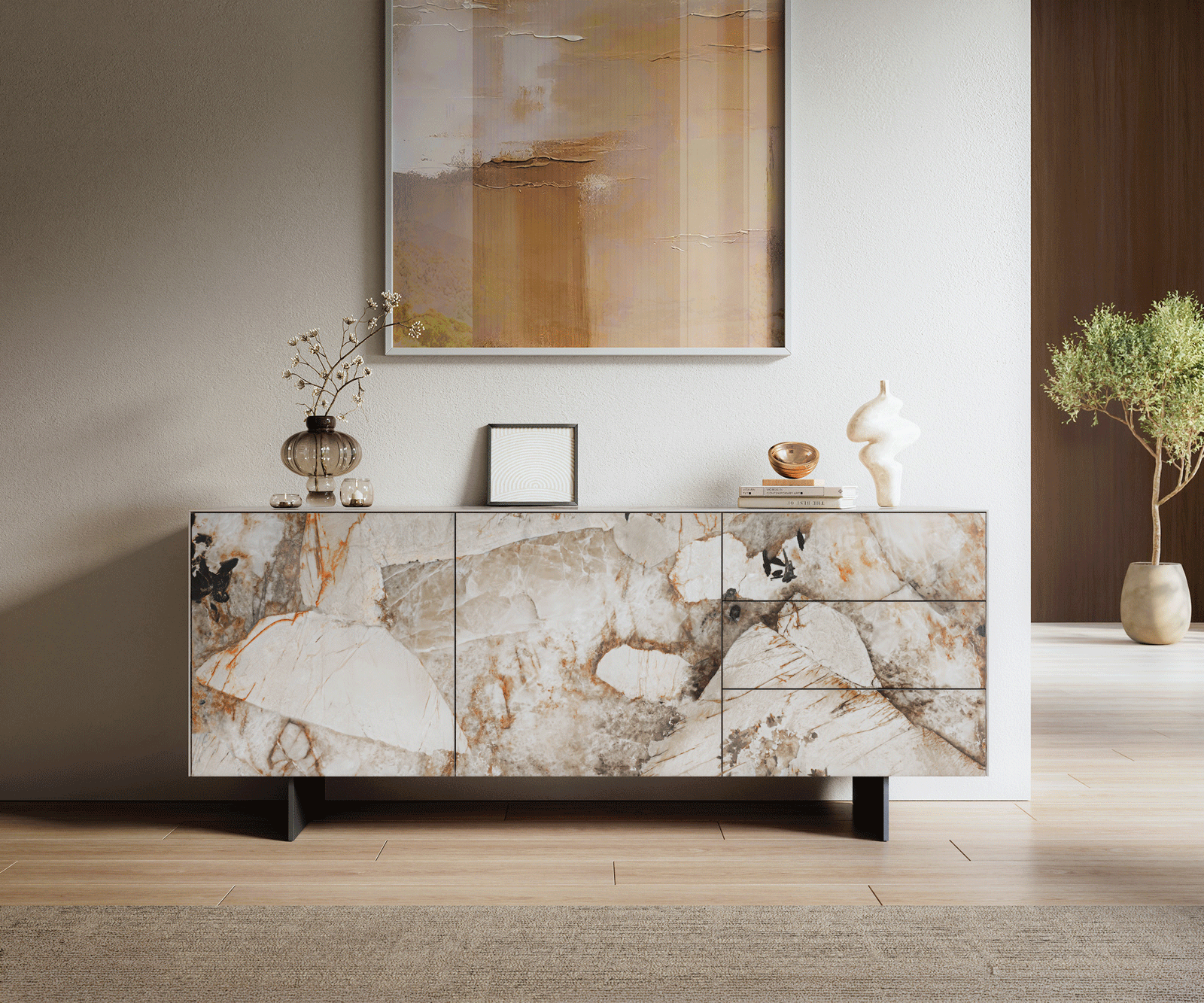 Buffet Cuor 180 cm Céramique Patagonia raffinée 2 Portes 3 Tiroirs Pied optique flottant Métal Noir 2