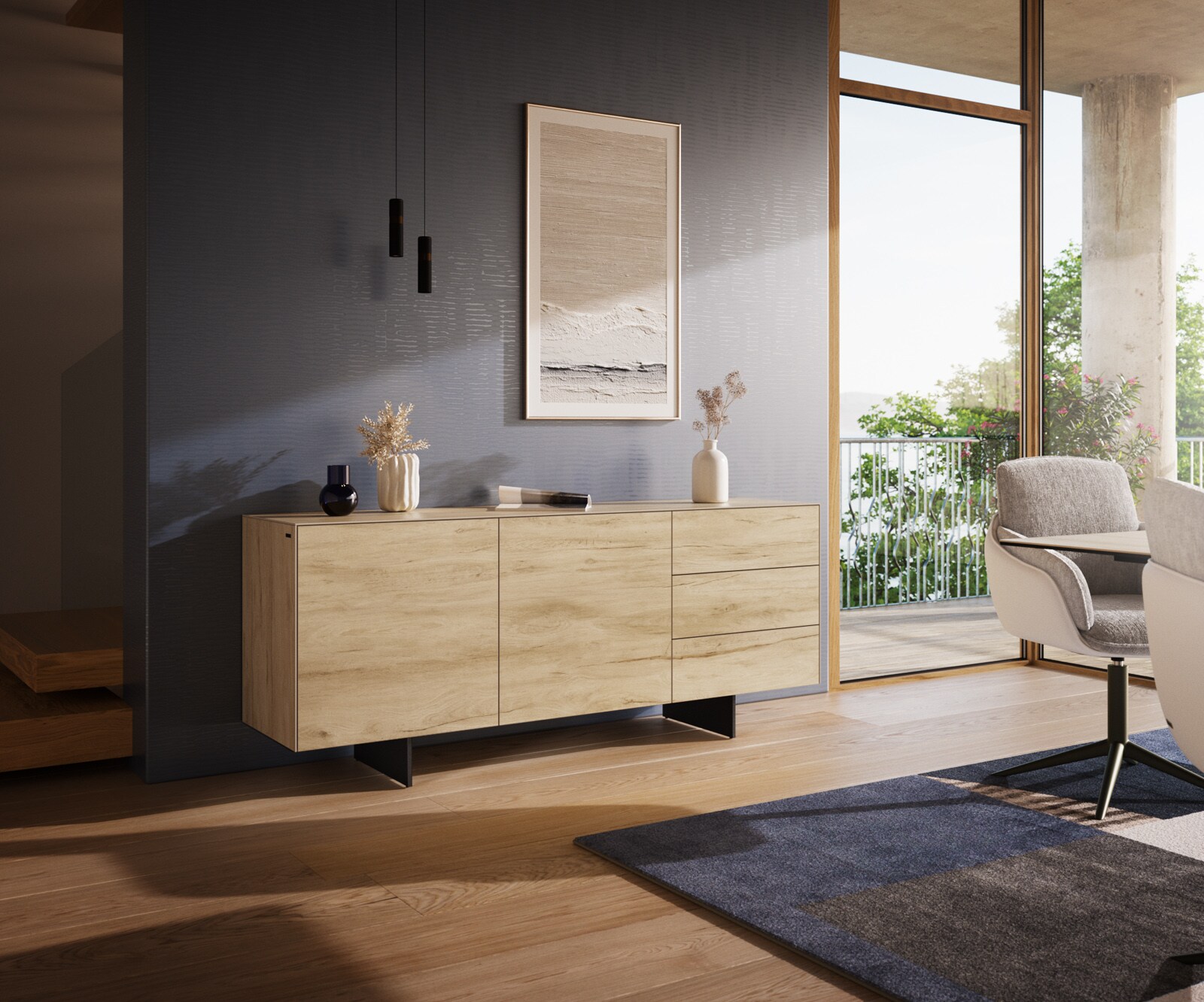 Buffet Cuor 180 cm Céramique Laminam® Sabbia Teinte chêne 2 Portes 3 Tiroirs Pied optique flottant Métal Noir