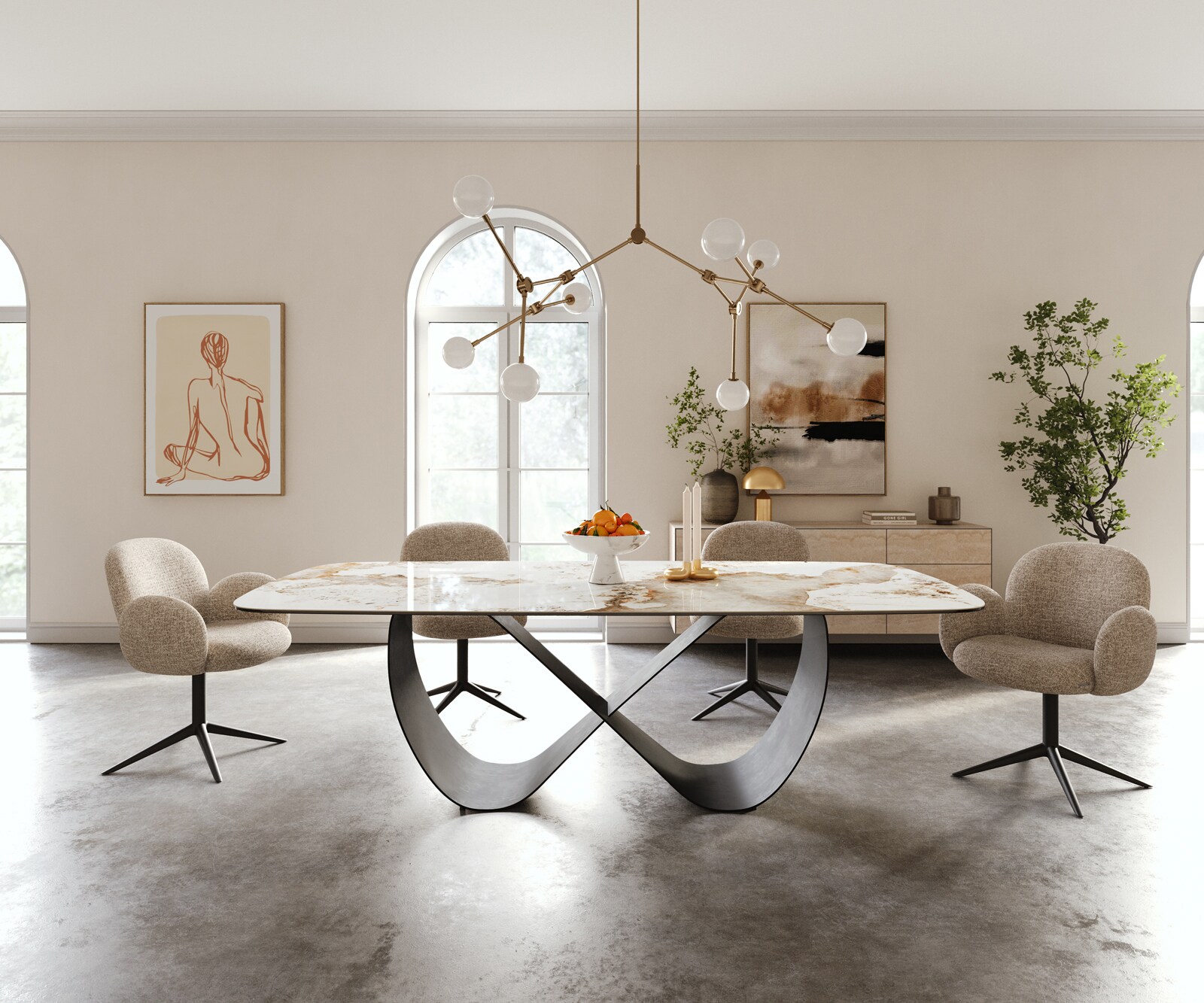Table à manger Edge Boot 240x120 cm Céramique Minas Melange Blanc-Beige Infinity Métal Noir 1