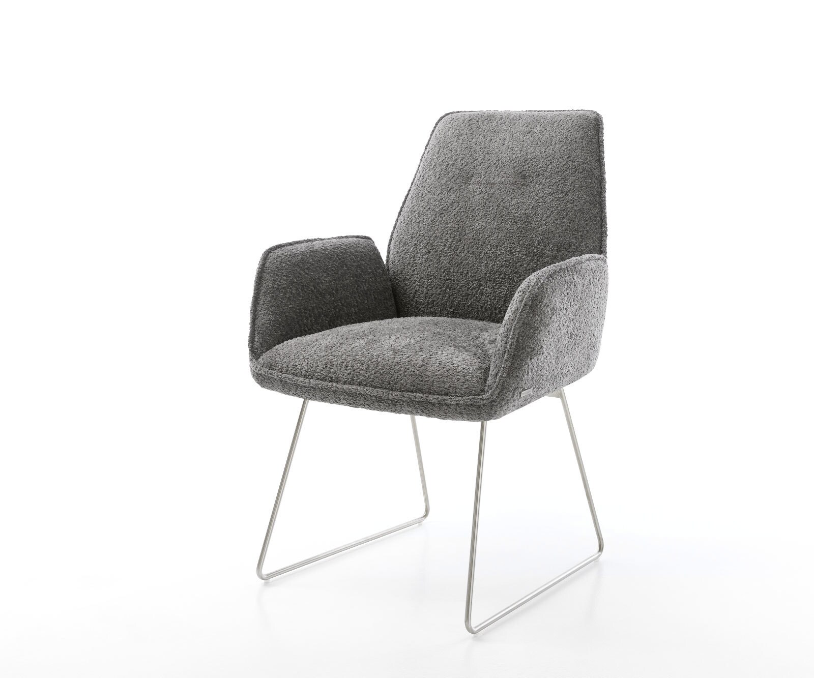 Chaise-de-salle-à-manger Zoa-Flex bouclé gris pied trapèze acier inoxydable brossé ressorts ensachés