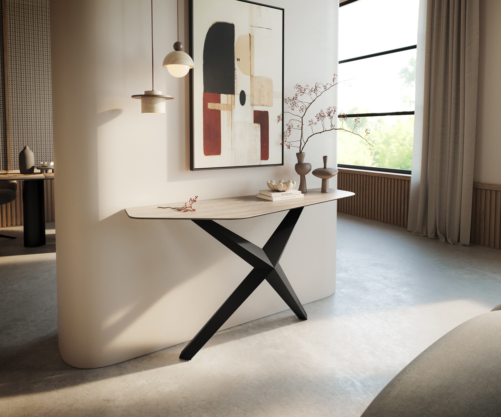 Console Edge Polygonal 140x50 cm Céramique Laminam® Travertino Bianco Creme-Weiß Zentharo Métal Noir