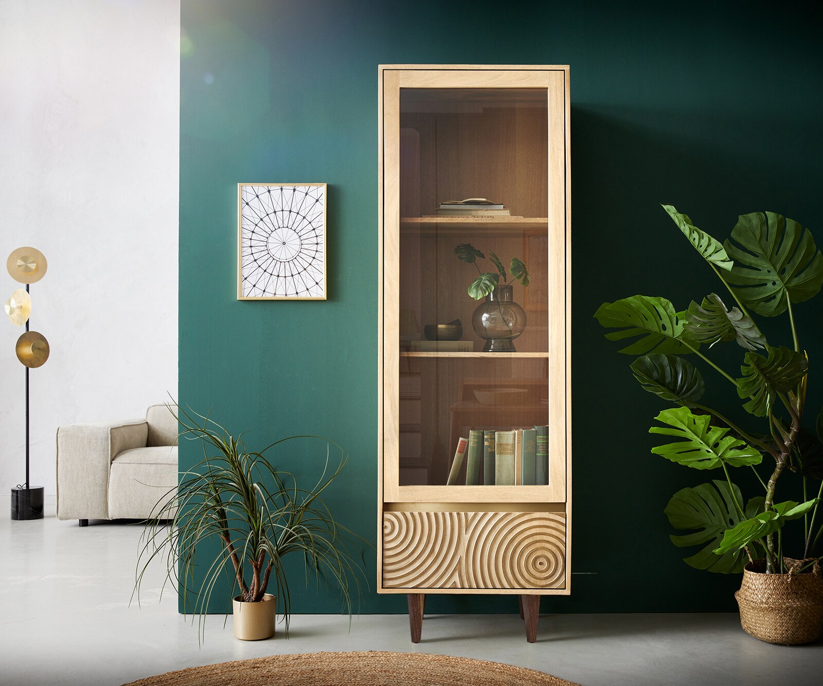 Vitrine Budaya 60x165 cm en manguier naturel 2 portes pied carré 1