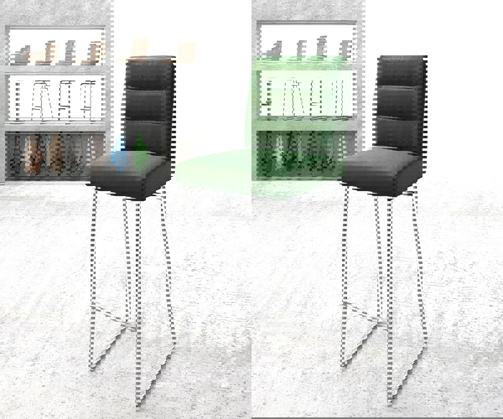 Chaise-de-bar Pela-Flex velours vert cadre de patins acier inoxydable Chaise-de-bar Pela-Flex velours vert cadre de patins acier inoxydable