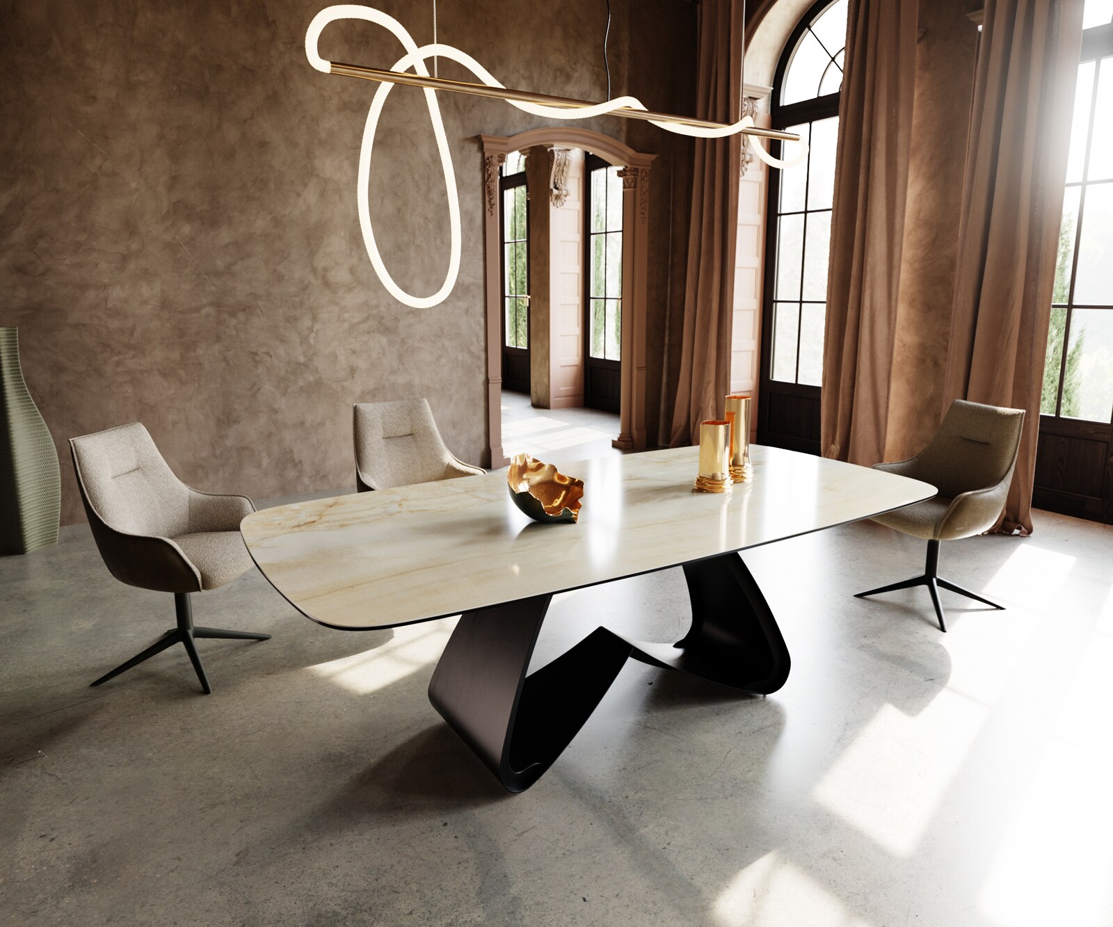 Table à manger Edge Boot 240x120 cm Céramique Iris FMG Onice Oro piètement en W Métal Noir 1