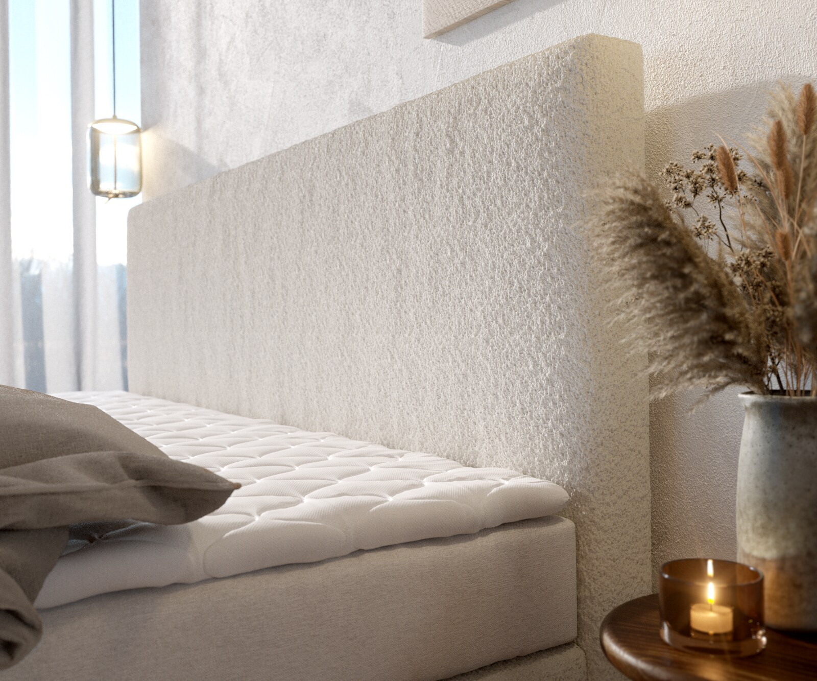 Lit-à-sommier-tapissier Dream-Well Bouclé Crème-Blanc 200x200 cm Matelas Bonell Surmatelas  PU 4 Lit-à-sommier-tapissier Dream-Well Bouclé Crème-Blanc 200x200 cm Matelas Bonell Surmatelas  PU 4