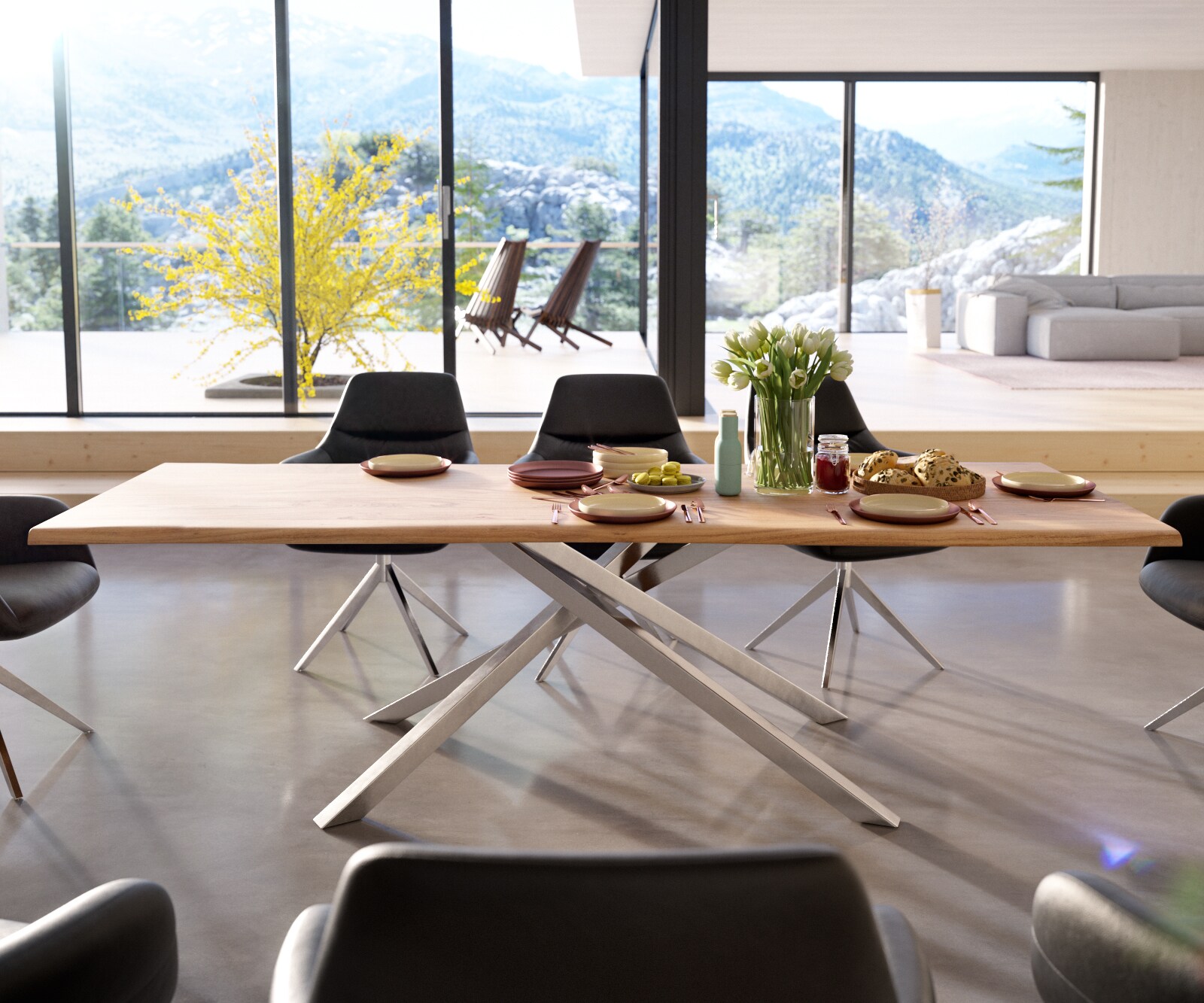 Table à manger Edge 260x100 Acacia Naturel Cadre croisé rectangle Acier inoxydable Live-Edge 1 Table à manger Edge 260x100 Acacia Naturel Cadre croisé rectangle Acier inoxydable Live-Edge 1