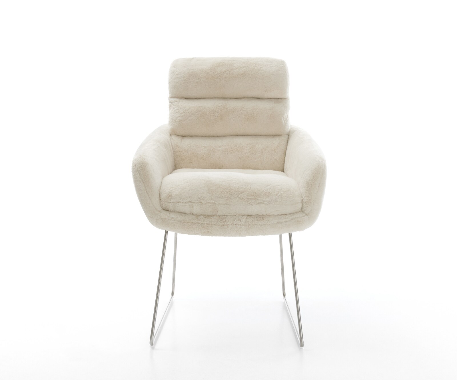 Chaise-de-salle-à-manger Abelia-Flex avec accoudoirs peluche crème-blanc pied trapèze acier inoxydable 1